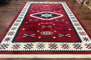 Belgium Power Loomed Rug 8x11, Navajo Native American Design, Dark Red and Ivory, Tribal Rug, Bohemian Carpet