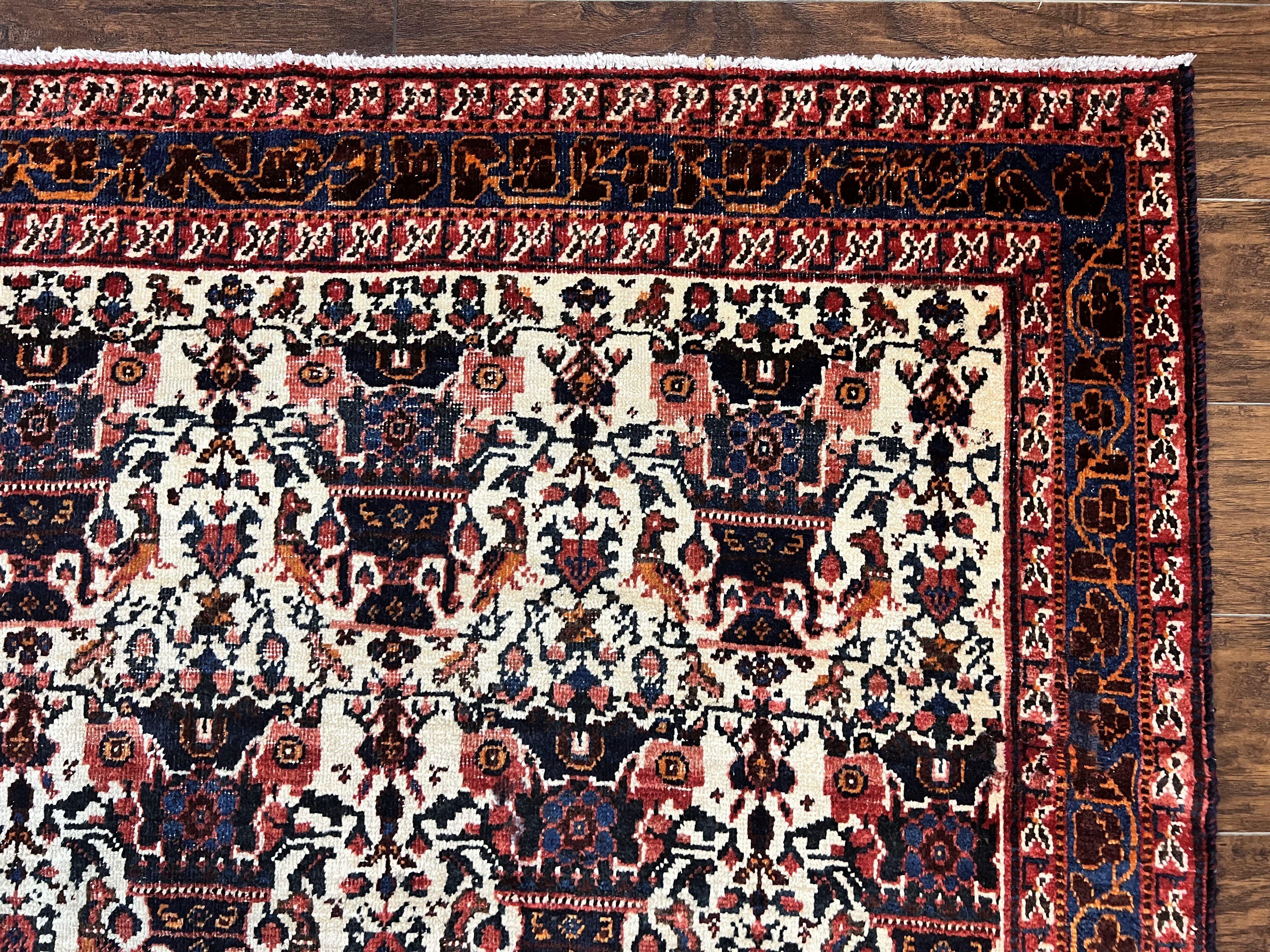 Persian Afshar Rug 6x8, Wool Hand Knotted Semi Antique Vintage Carpet, Floral Allover, Repeated Birds Flowers Vases Motifs - Jewel Rugs