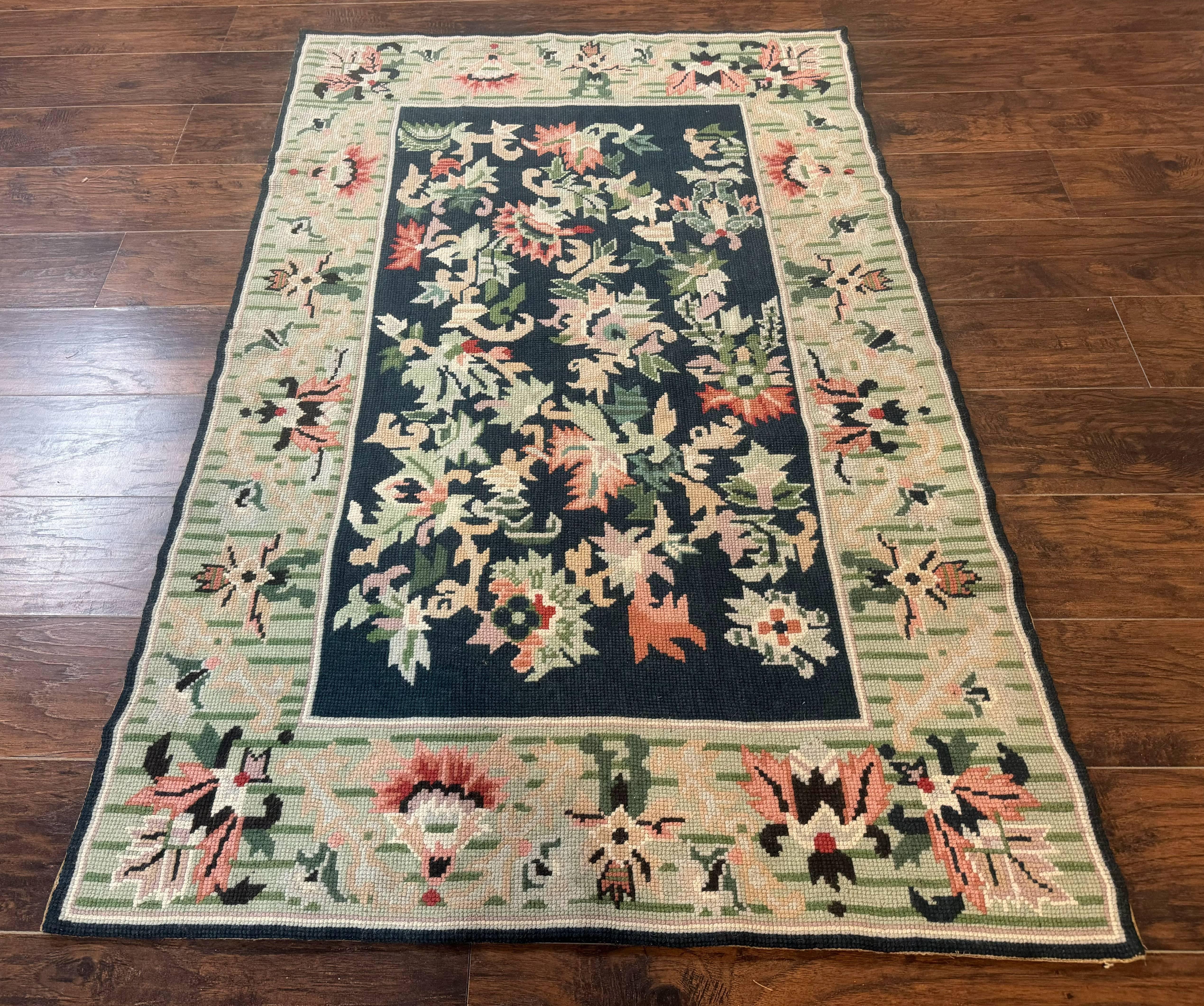 Vintage American Needlepoint Rug 4x6, Dark Green, Wool, Handmade, Flatweave Carpet - Jewel Rugs