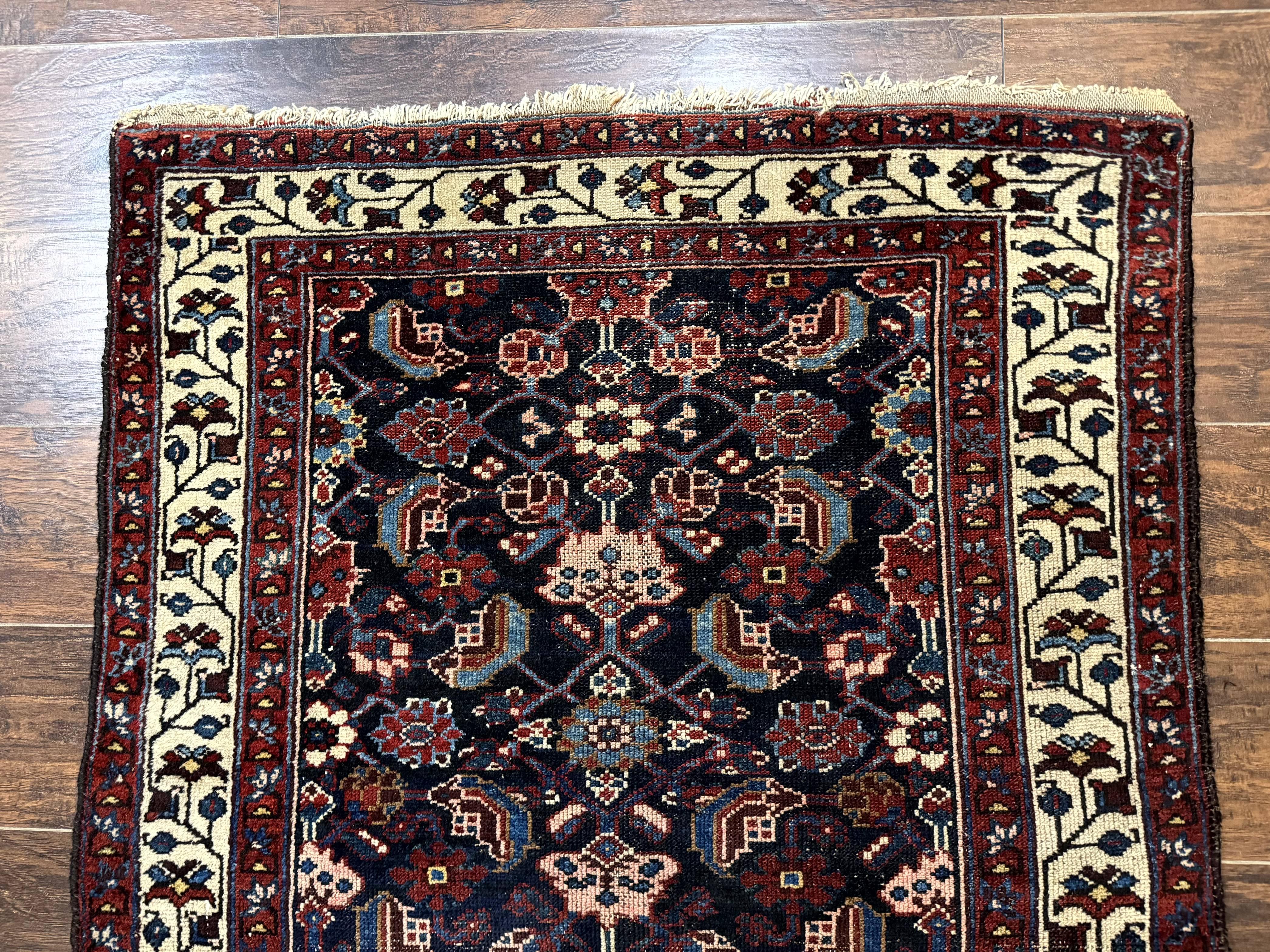 Navy Blue Antique Persian Rug 3x6, Blue and Ivory Persian Carpet, Handmade 1920s Hamadan Rug - Jewel Rugs