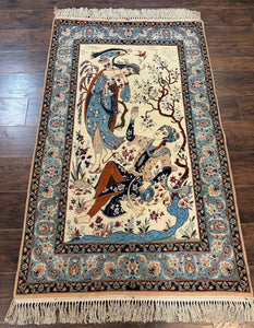 Persian Isfahan Pictorial Rug, Two Lovers, Kork Wool on Silk Foundation, Ivory and Light Blue, 500 KPSI Super Fine