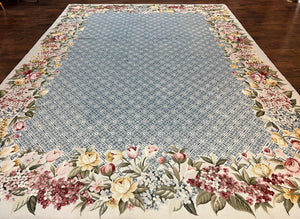 Needlepoint Rug 9x12, Handmade Vintage Blue Floral Room Sized Carpet, Wool Rug, Aubusson French European Design