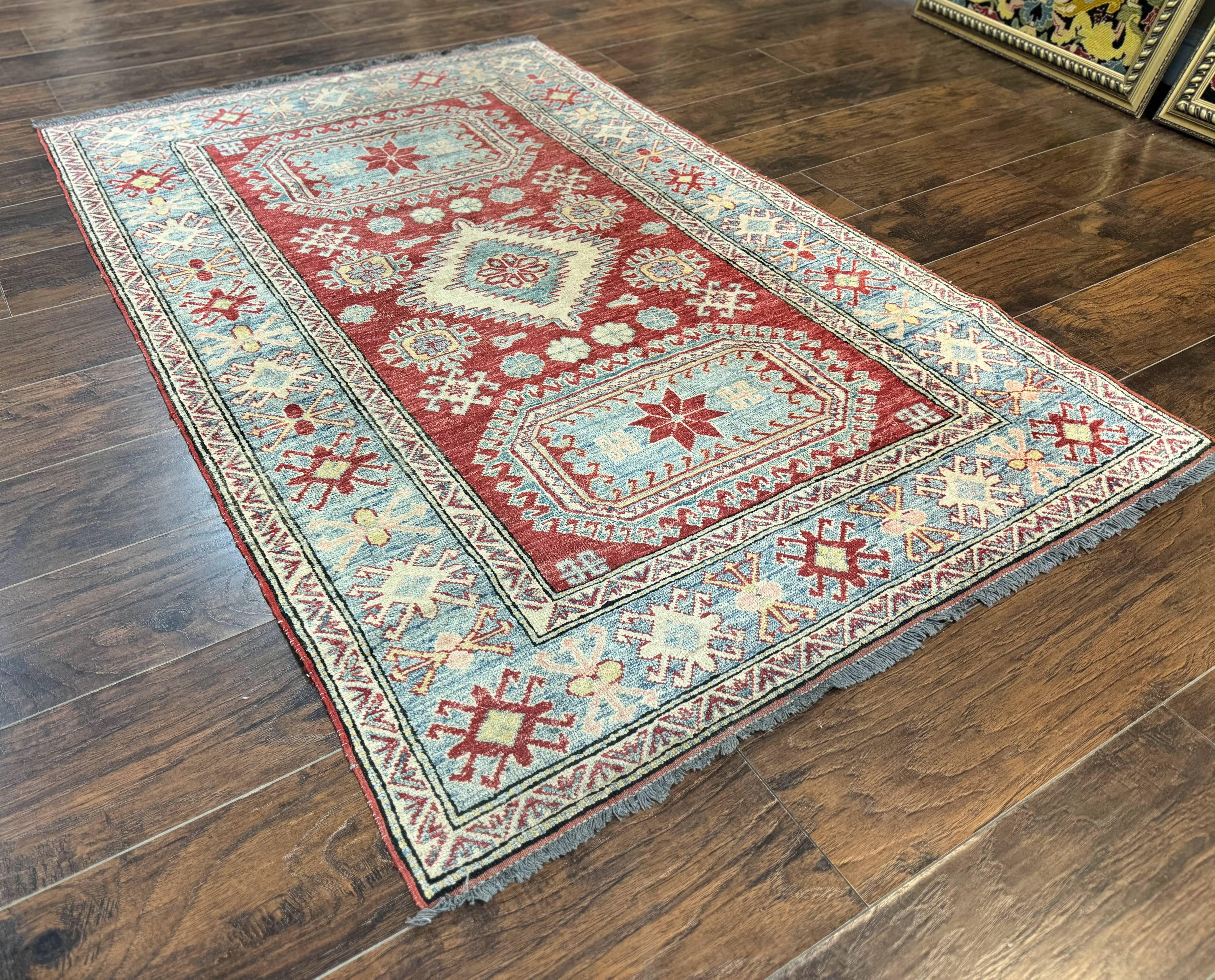 Turkish Kazak Rug 4x6, Handmade Vintage Wool Carpet, Geometric Design, Red and Light Blue - Jewel Rugs
