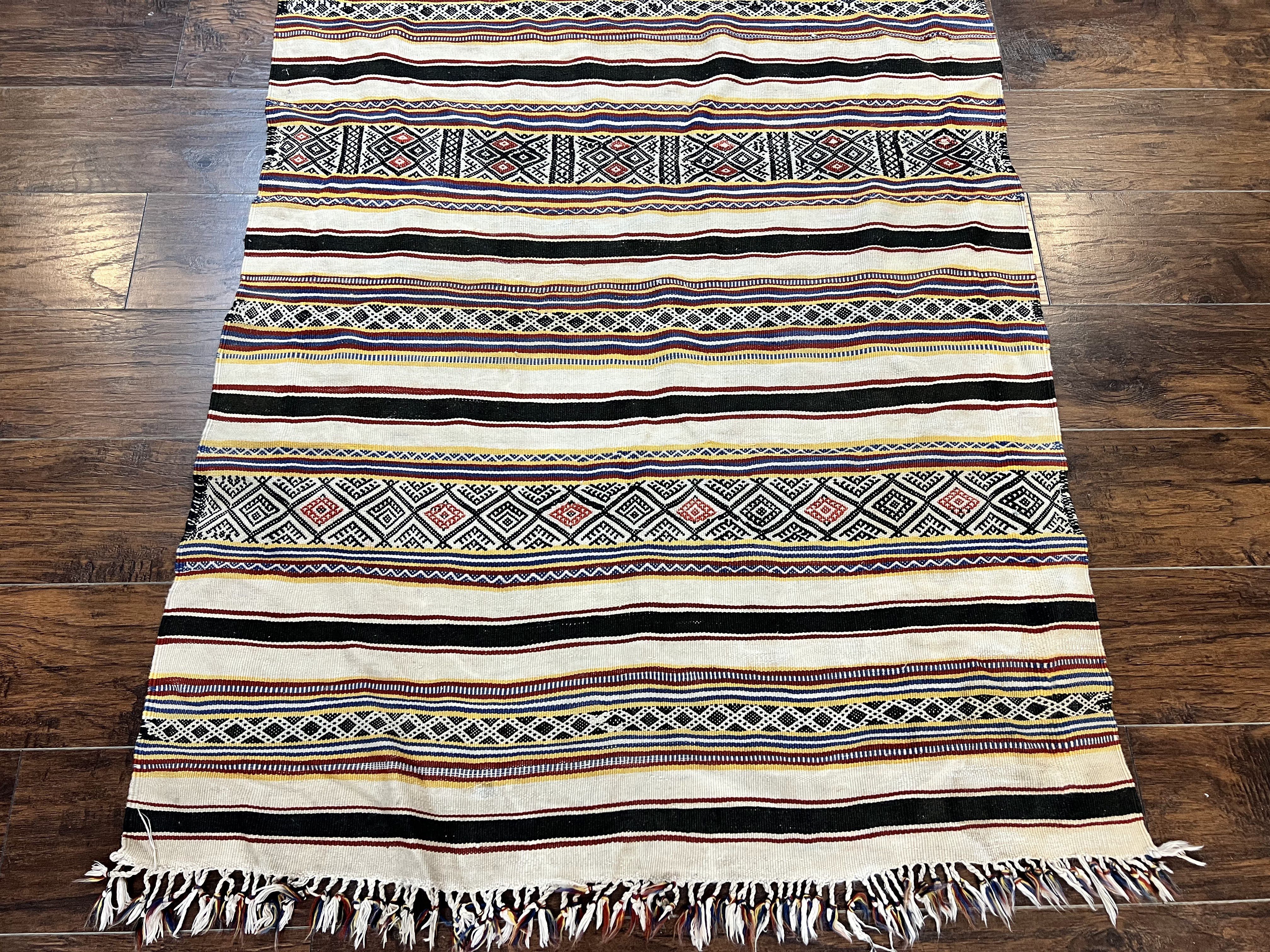 South American Kilim Rug 4x7 ft, Wool Handmade Vintage Carpet, Ivory Black Multicolor Stripes, Bohemian Blanket Rug, Flatweave Area Rug - Jewel Rugs