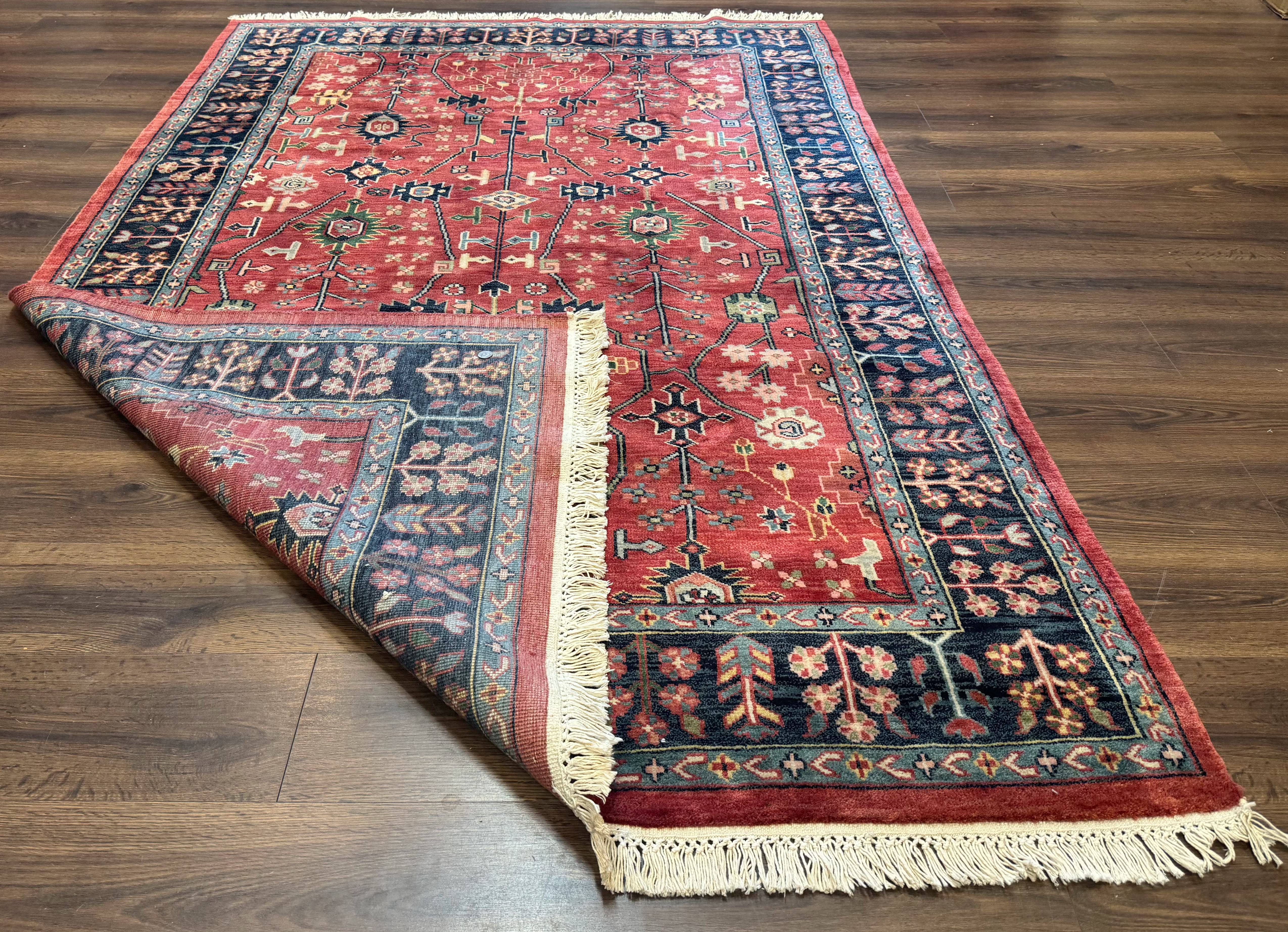 Indo Persian Heriz Serapi Rug 6x8, Rust Red and Navy Blue, Allover Pattern - Jewel Rugs