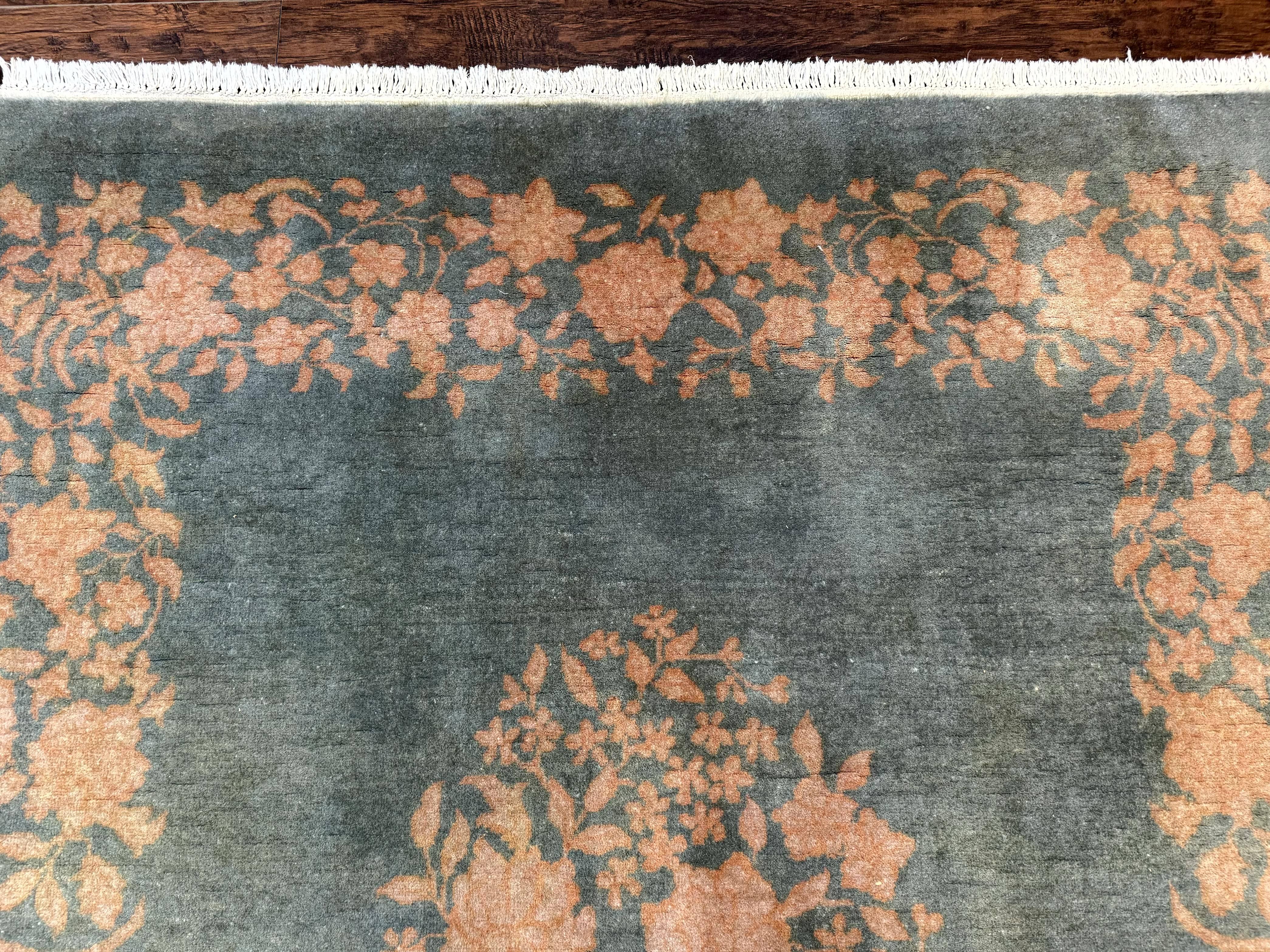 Teal Chinese Wool Rug 6x8, Vintage Handmade Carpet, Floral, Semi Open Field - Jewel Rugs