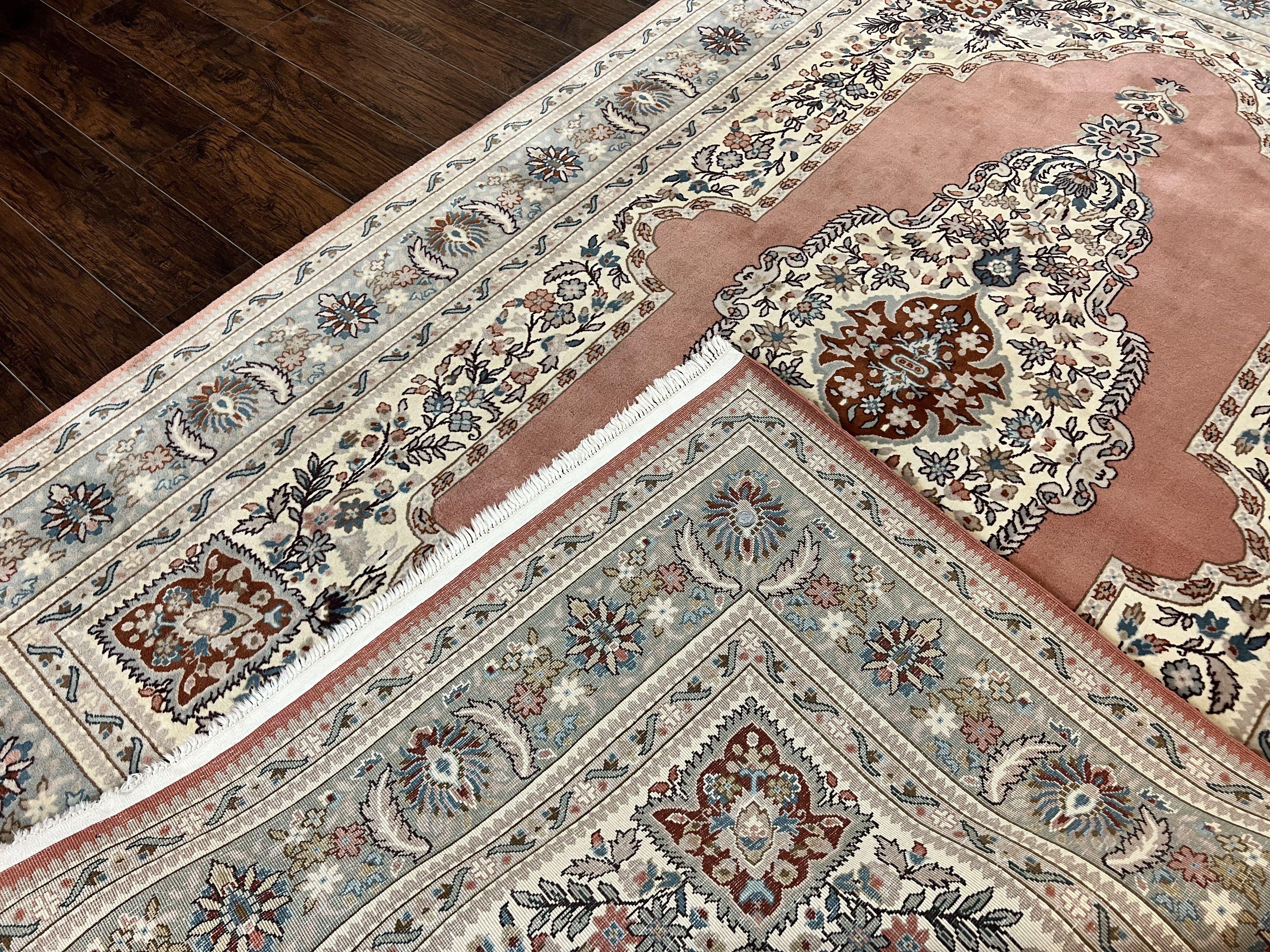 Indo Persian Rug 6x9, Semi Open Field Medallion Rug, Vintage Hand Knotted Wool Oriental Carpet, Traditional Rug, Light Pink, Medium Size - Jewel Rugs