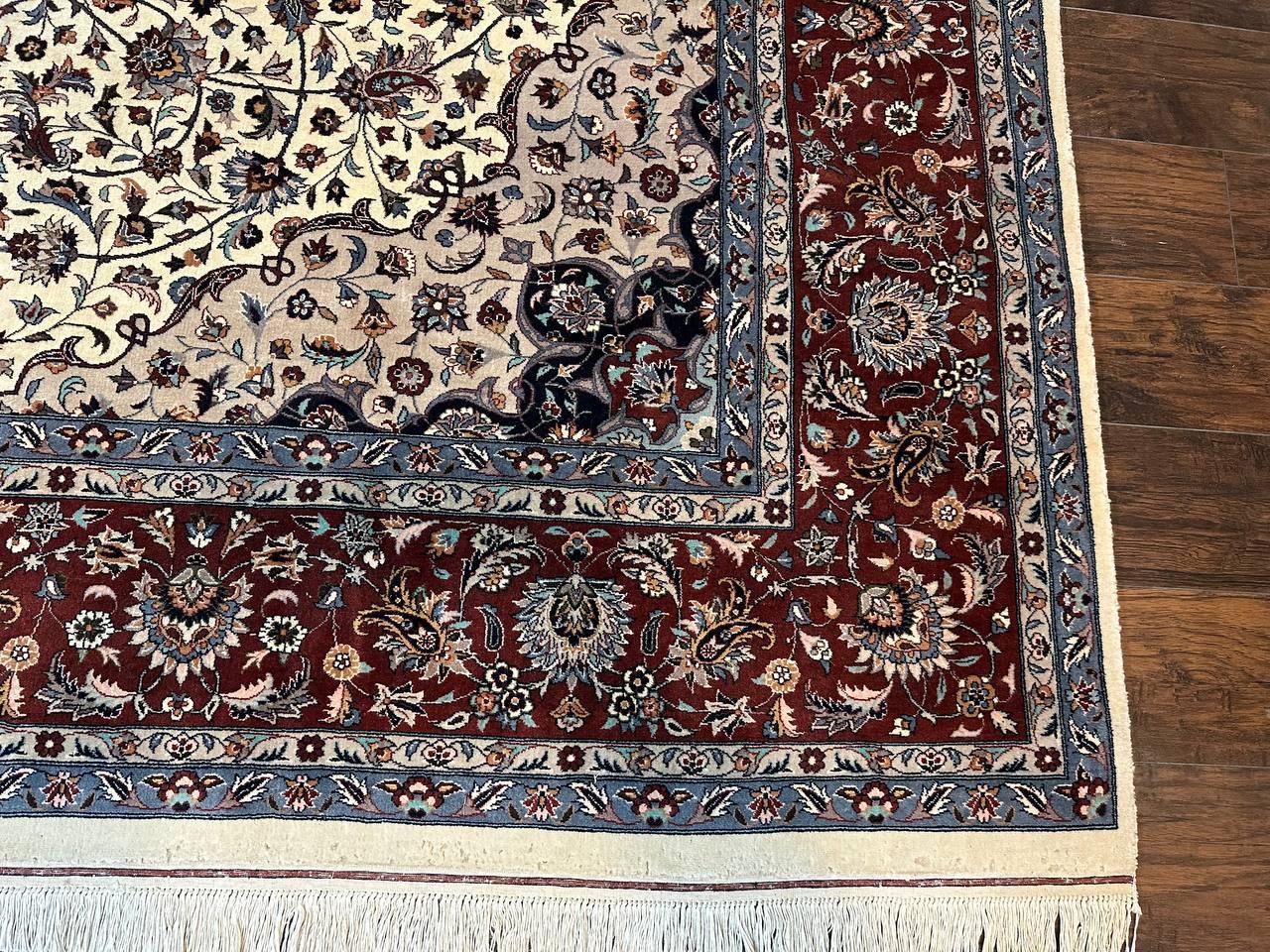 Sino Persian Rug 9x12, Vintage Wool Oriental Carpet, Floral Medallion, Wool Rug, Cream and Maroon - Jewel Rugs