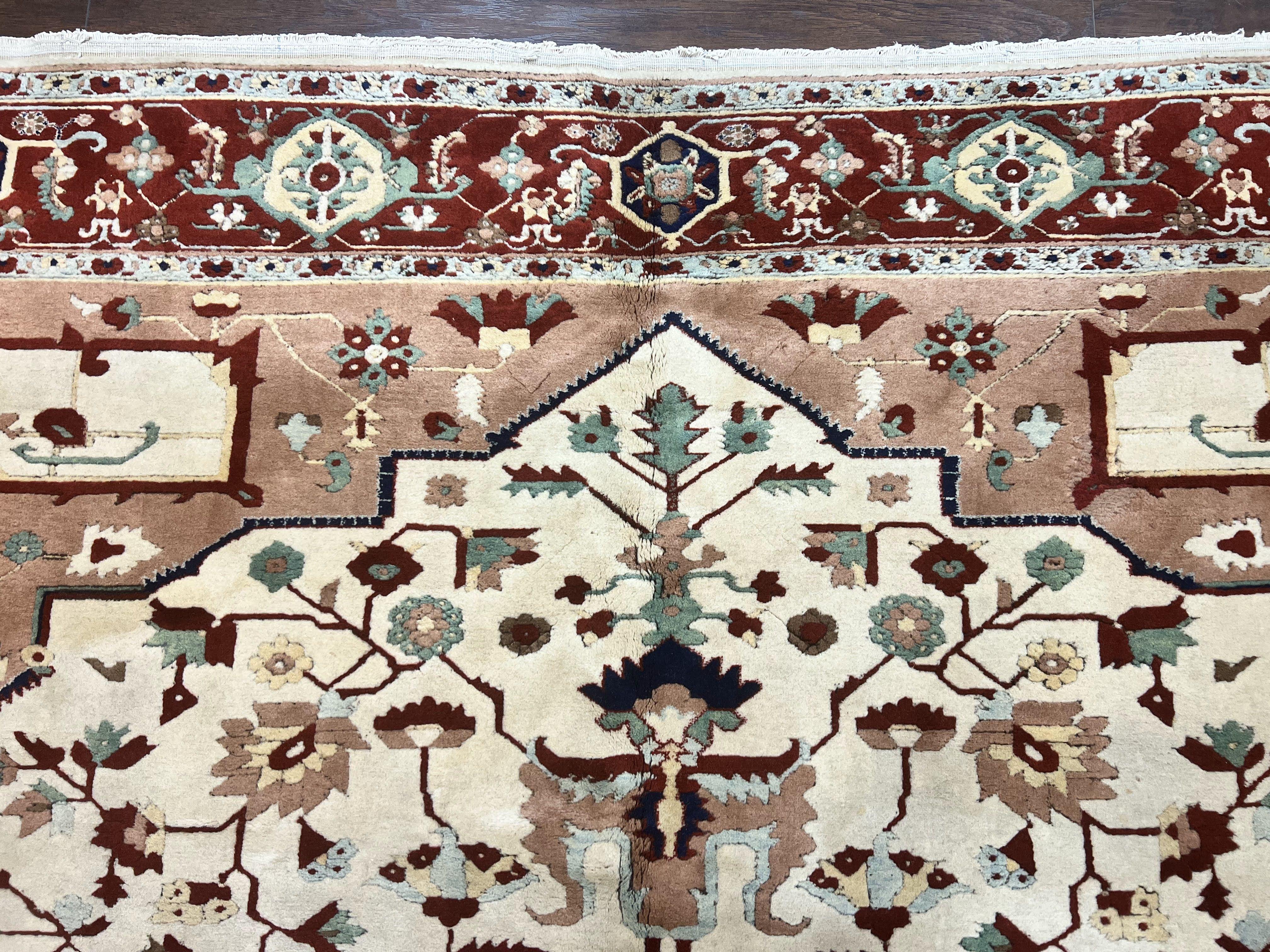 Indo Heriz Rug 9x12, Geometric Indo Persian Room Sized Decorative Area Rug 9 x 12 ft, Cream Navy Blue Pink Handmade Vintage Wool Carpet - Jewel Rugs