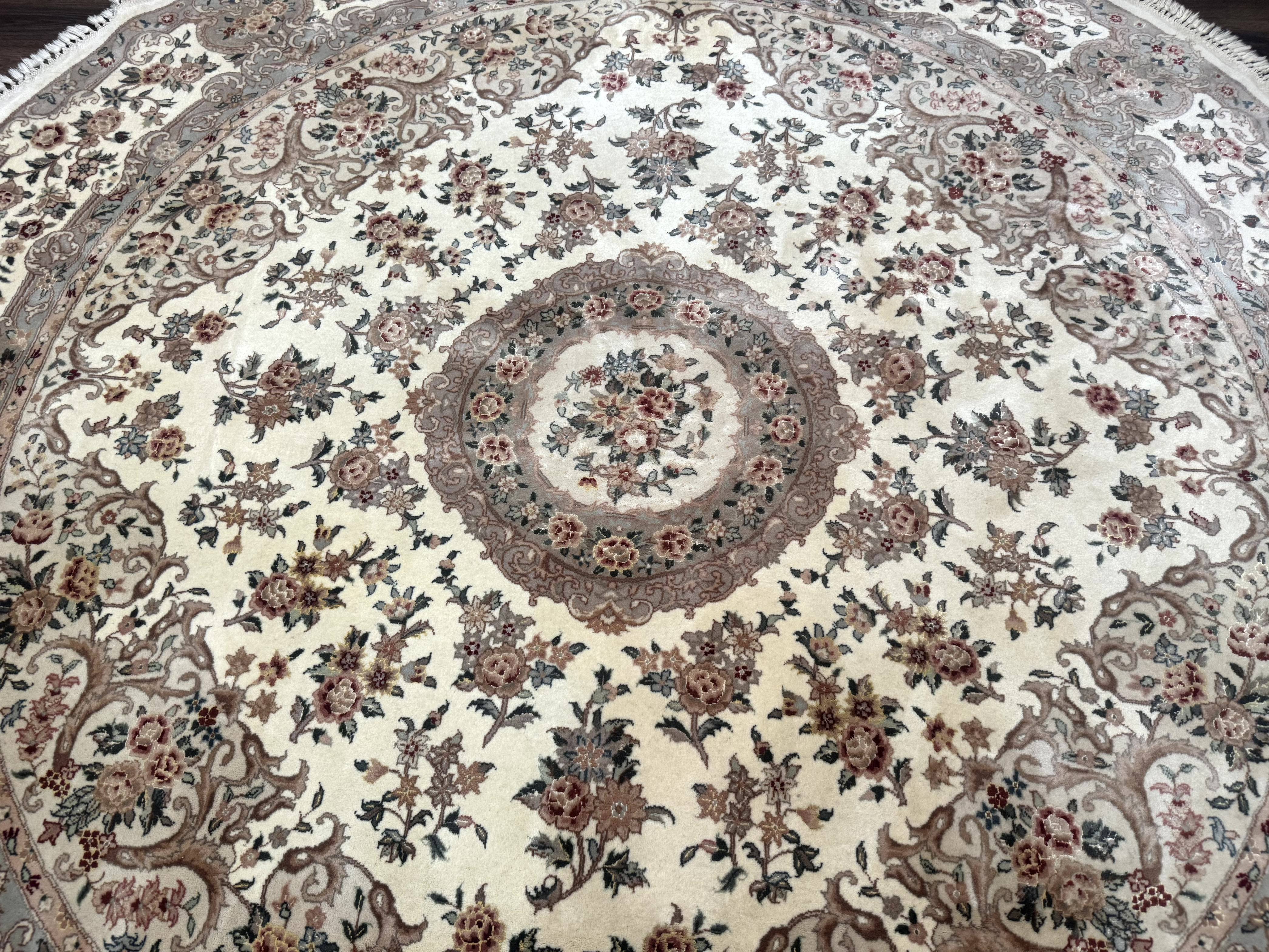 Round Sino Persian Rug 8x8 ft, Wool and Silk, Fine 200 KPSI, Ivory - Jewel Rugs
