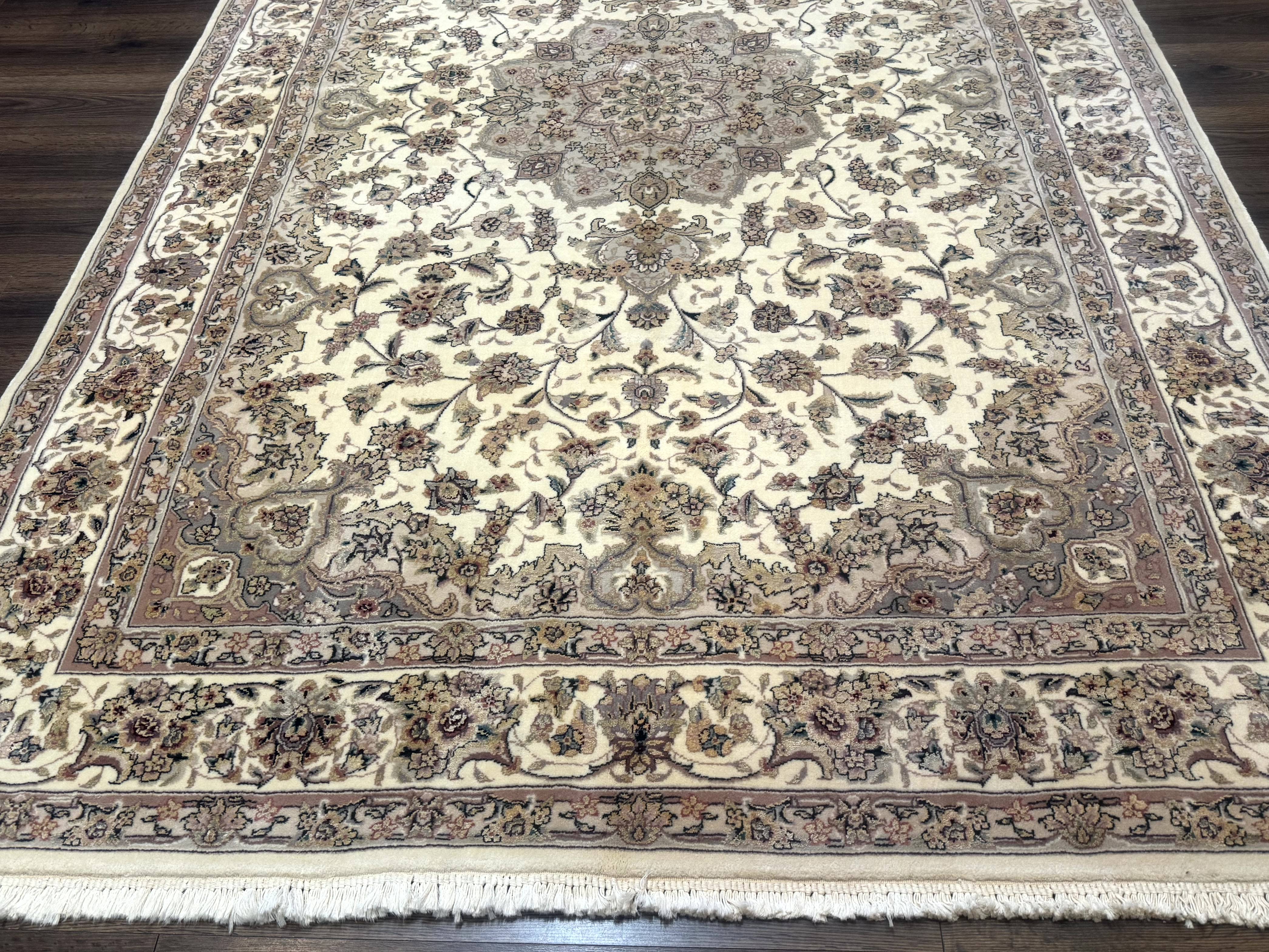 Sino Persian Rug 6x9, Floral Medallion, Ivory & Taupe, Wool with Silk Highlights, Fine 210 KPSI - Jewel Rugs