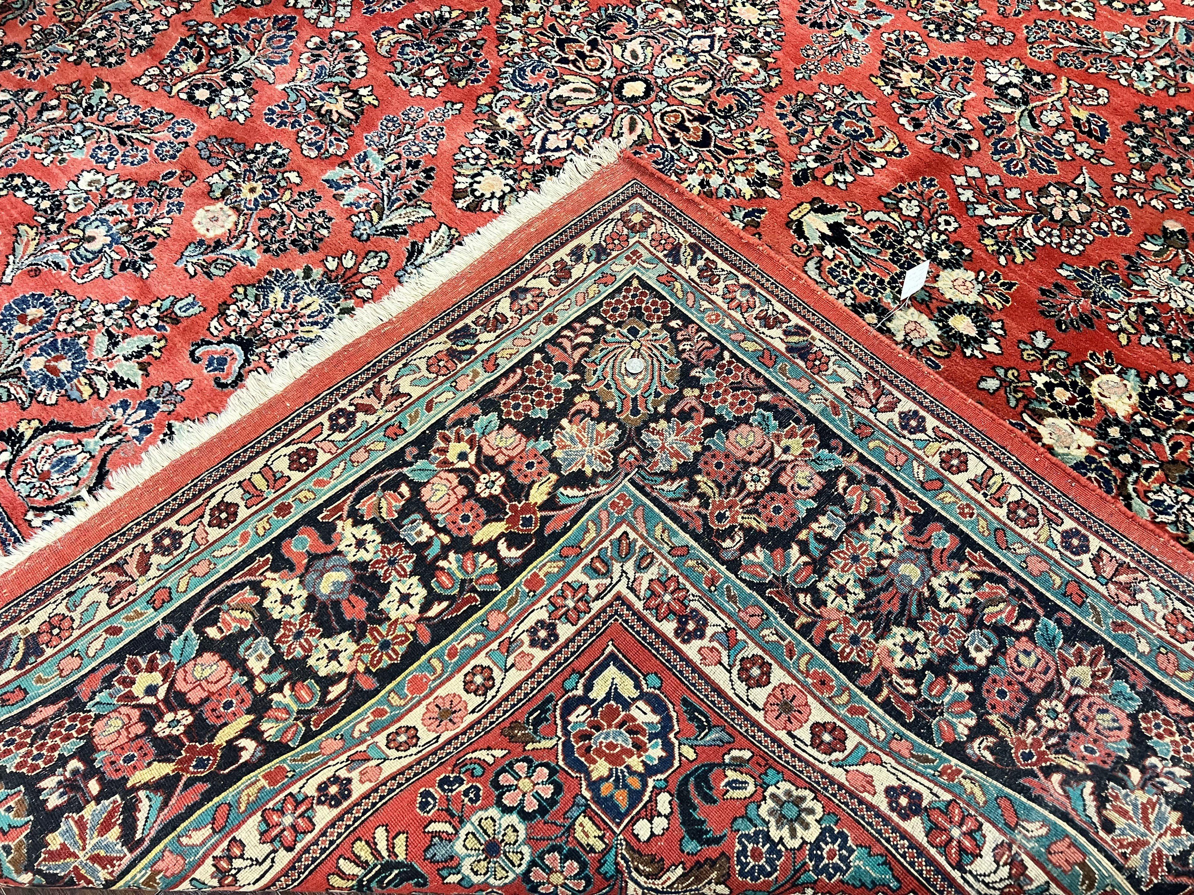 Square Persian Sarouk Rug 11x11 ft, Rare Size, Hand Knotted Wool Floral Allover Red Persian Carpet, Handmade Antique Rug - Jewel Rugs