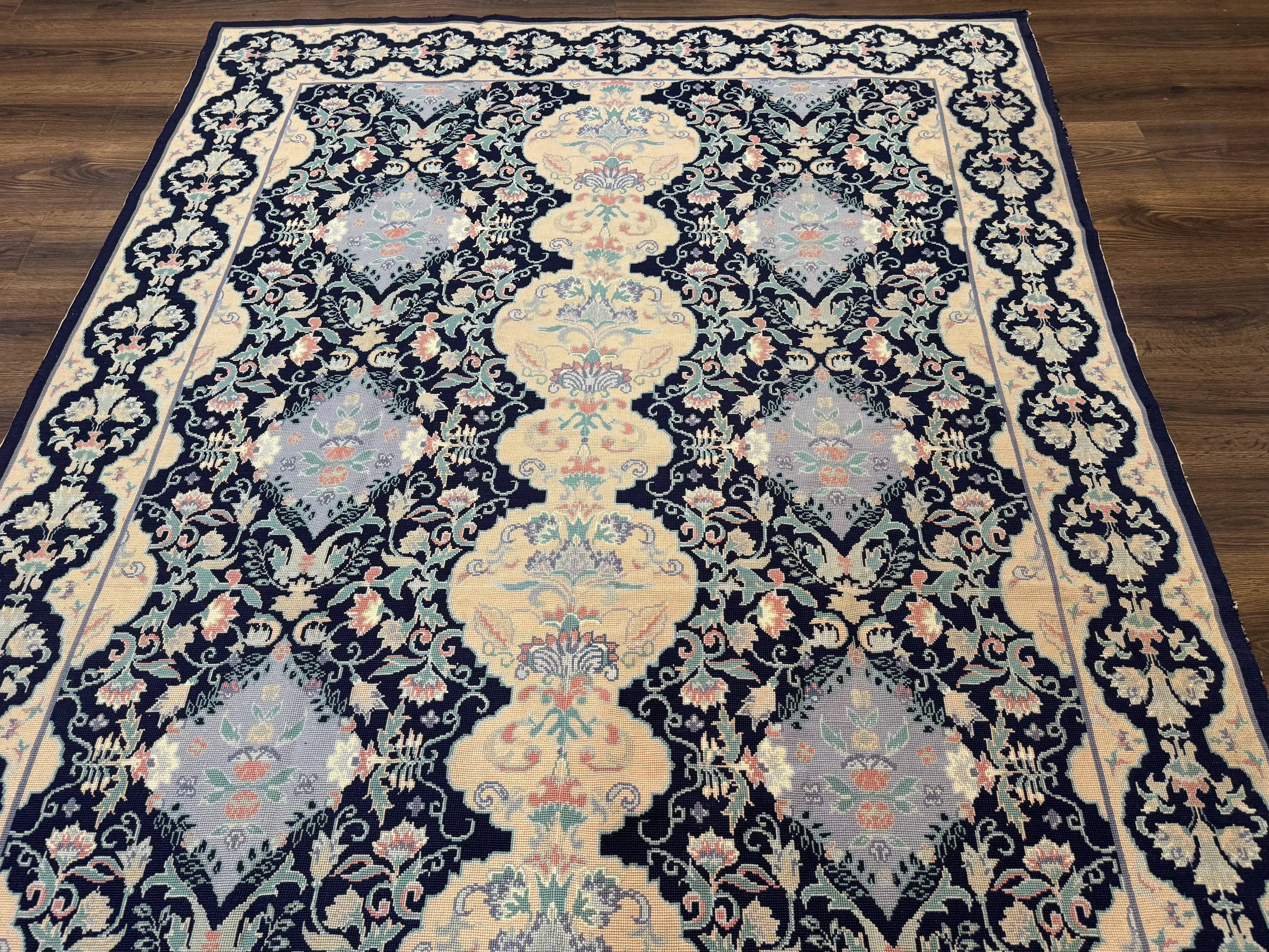 Needlepoint Rug 6x9, Ivory and Navy Blue - Jewel Rugs