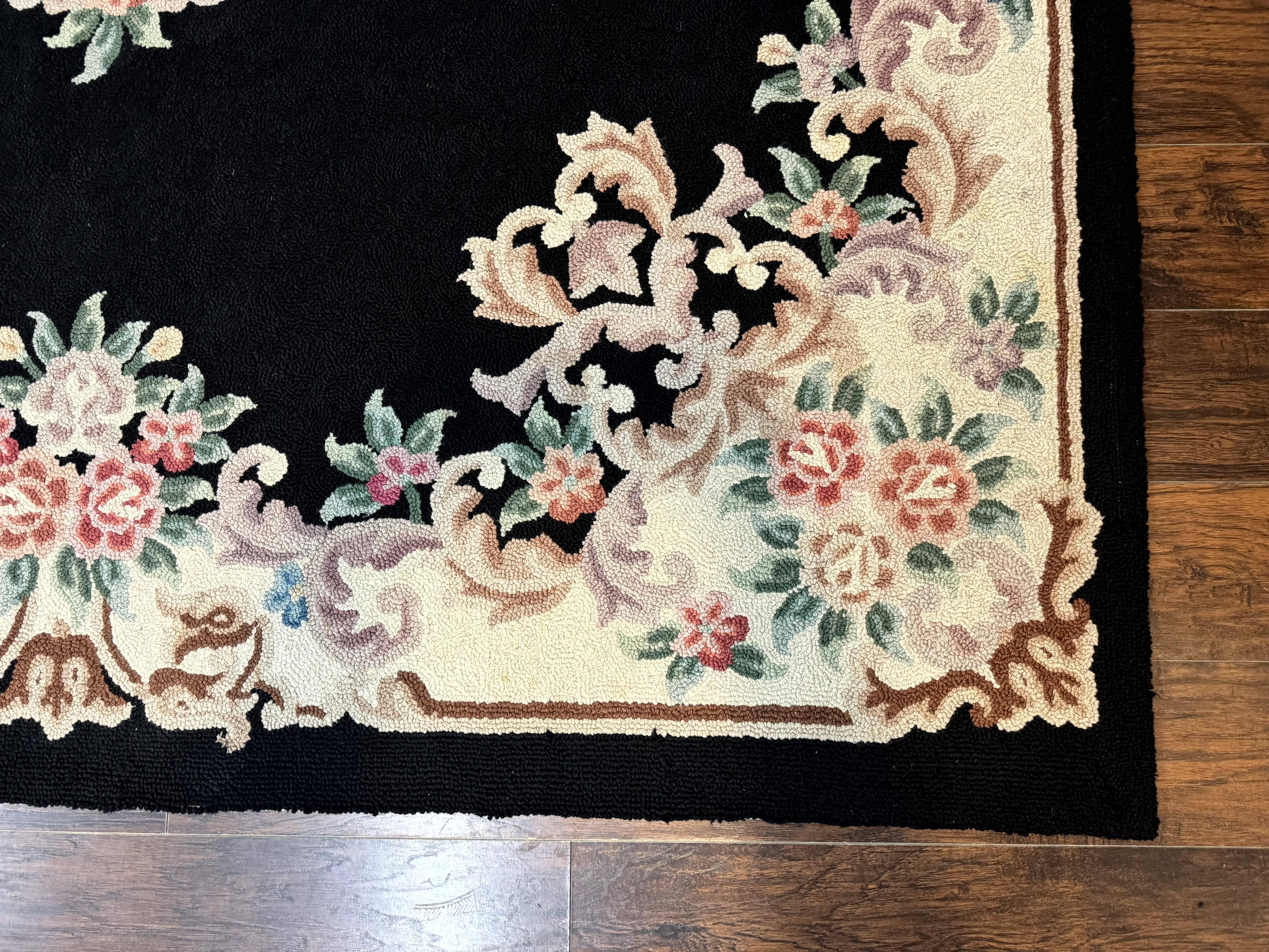 Aubusson Rug 8x11, Black and Ivory, Hooked Rug, Vintage, Wool - Jewel Rugs