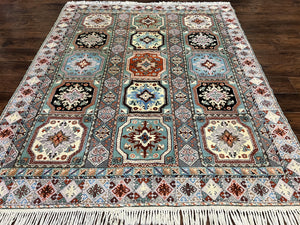 Moroccan Rug 7x8, Wool Hand Knotted Vintage Carpet, Multicolor Panel Design Oriental Rug