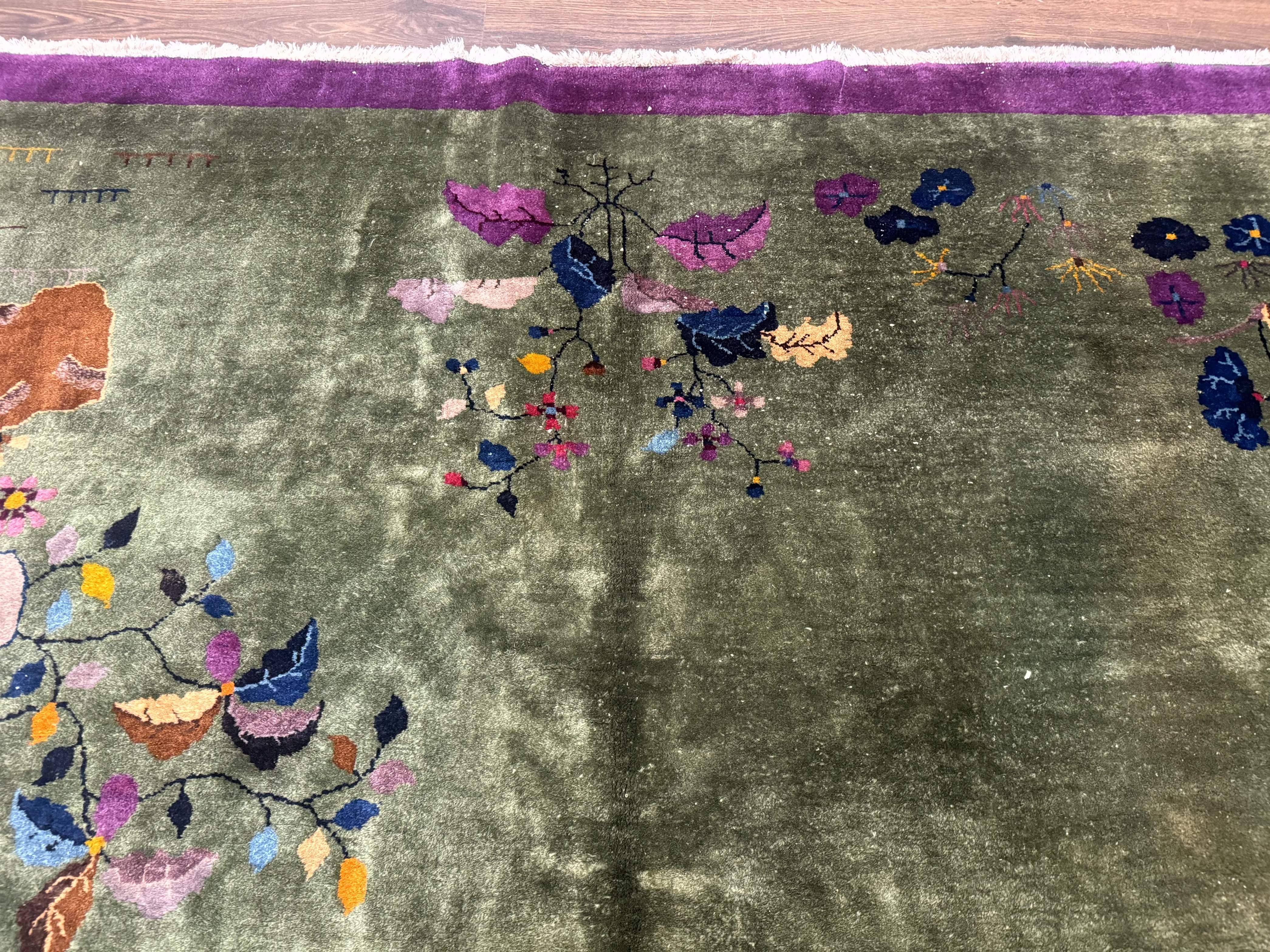 Antique Chinese Nichols Rug 9x12 - Rare Green and Purple Art Deco Carpet - Jewel Rugs