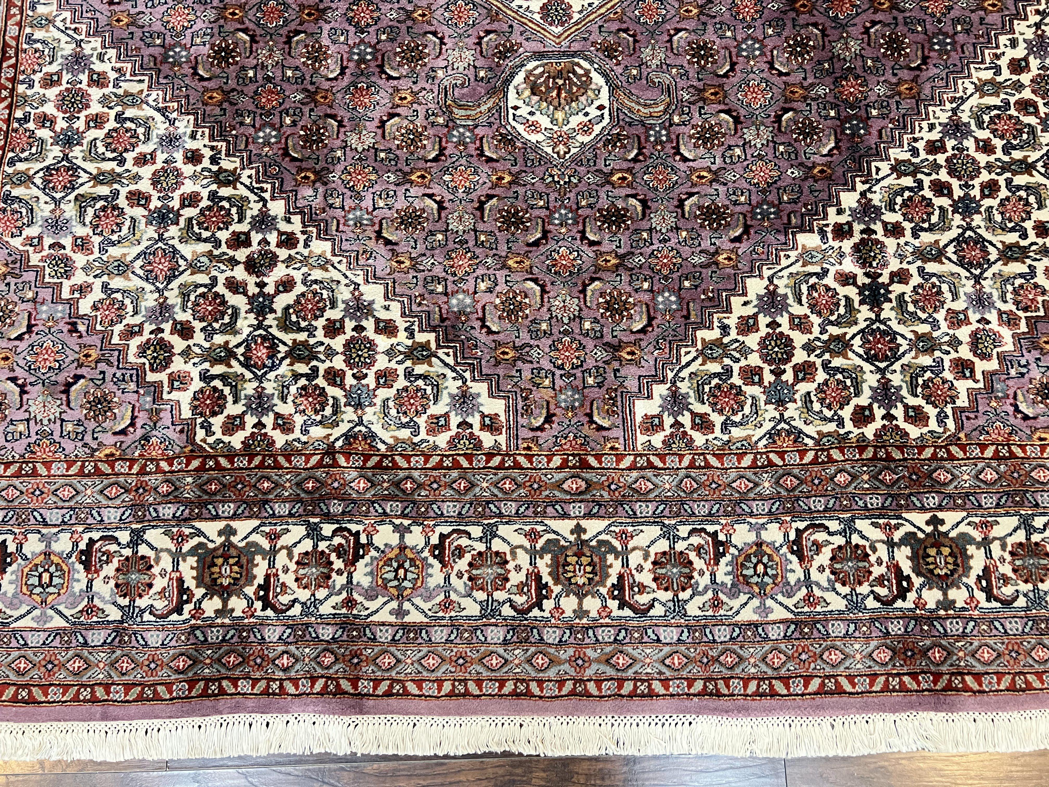 Indo Persian Bidjar Rug 8x10, Purple and Ivory Hand Knotted Wool Vintage Oriental Carpet, Herati Mahi Pattern, 8 x 10 Traditional Fine Rug - Jewel Rugs