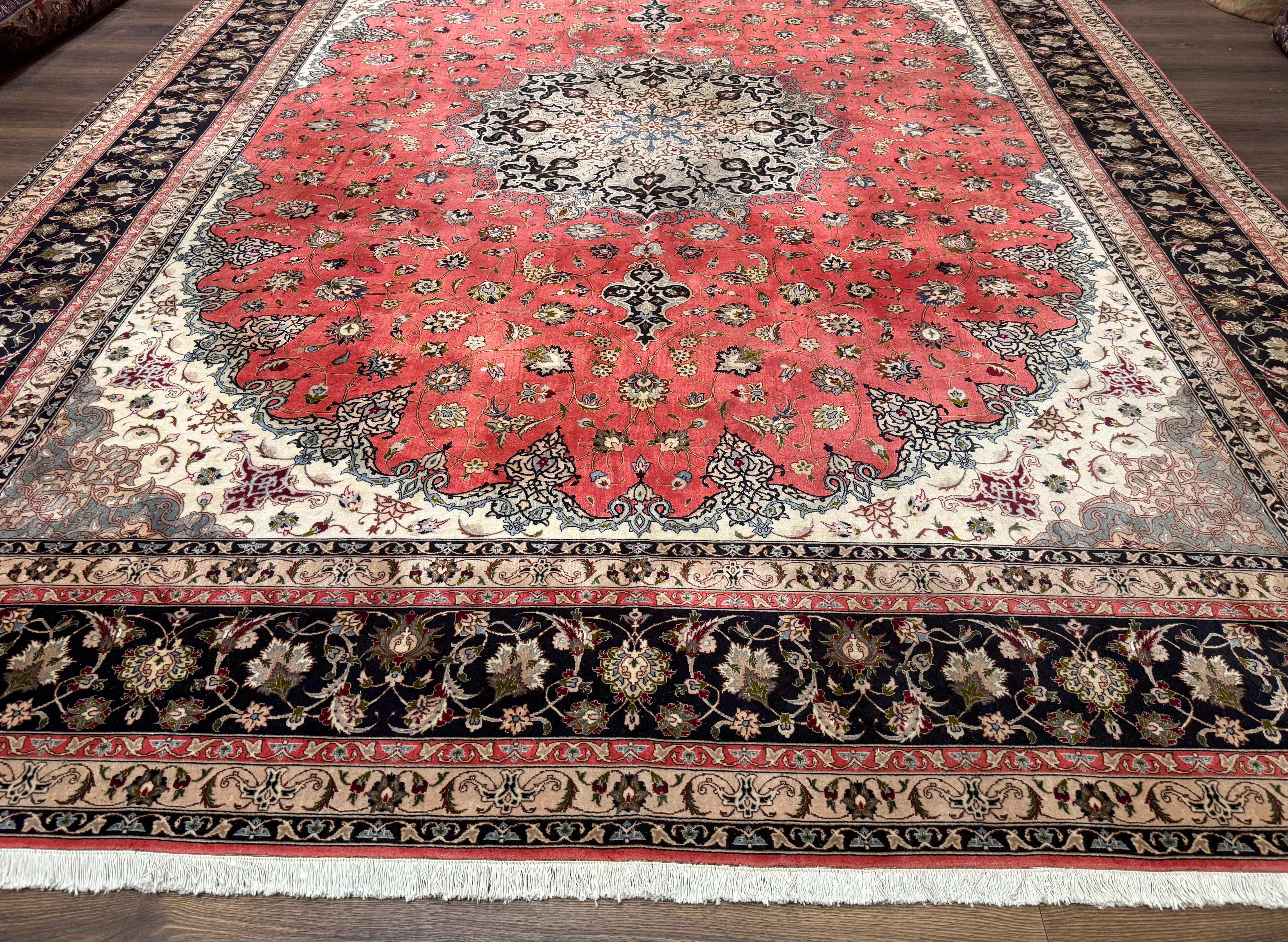 Persian Tabriz Rug 10x13, Floral Medallion, Salmon and Ivory, Hand-Knotted, 330 KPSI - Jewel Rugs