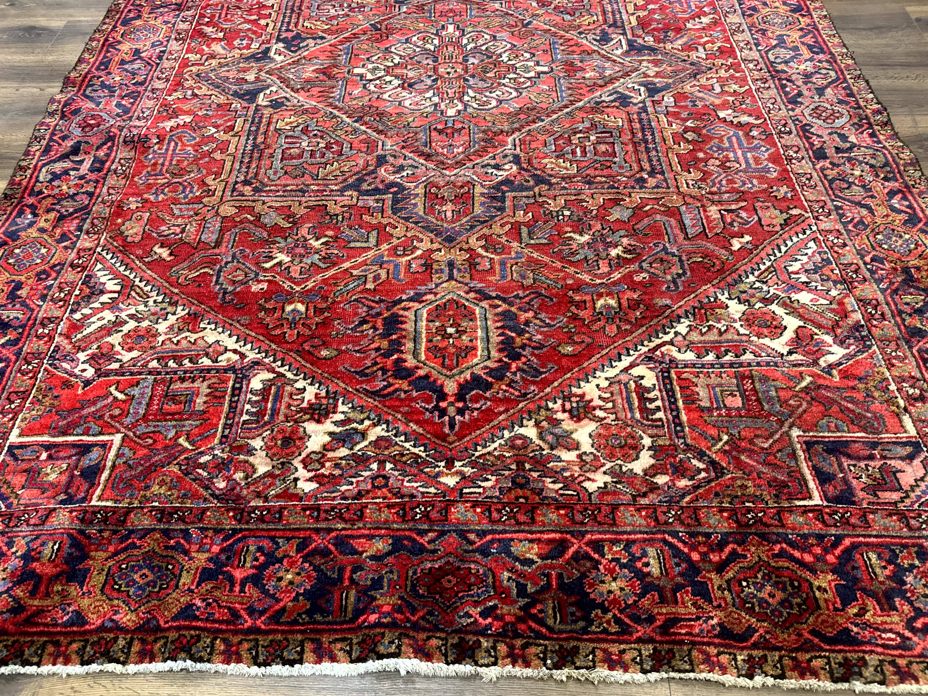 Persian Heriz Rug 7x10, Geometric Pattern, Red Ivory Navy Blue - Jewel Rugs