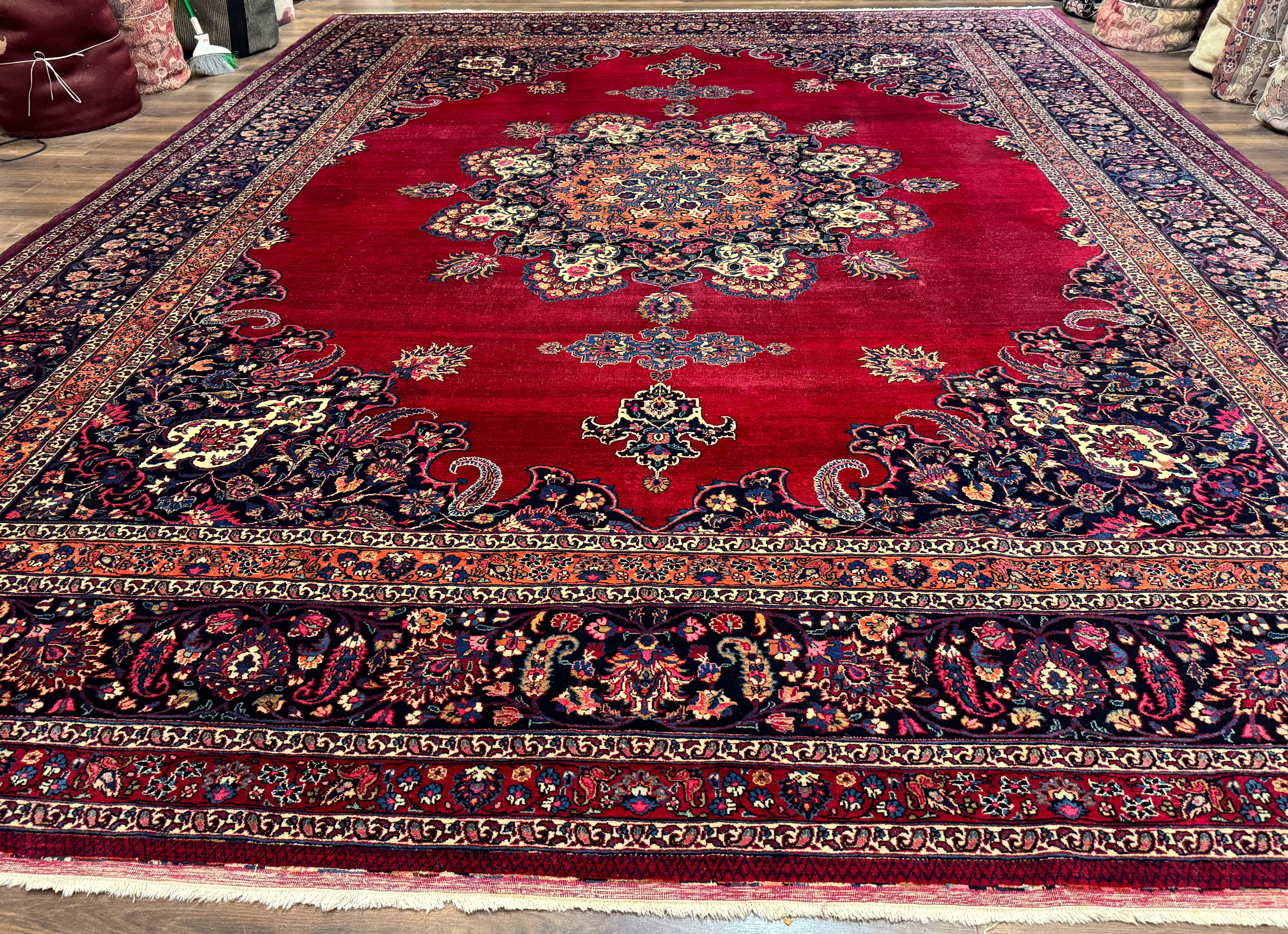 Antique Persian Mashad Rug 12x15, Palace Size Carpet, Wool Hand Knotted, Red and Navy Blue, Floral Medallion - Jewel Rugs