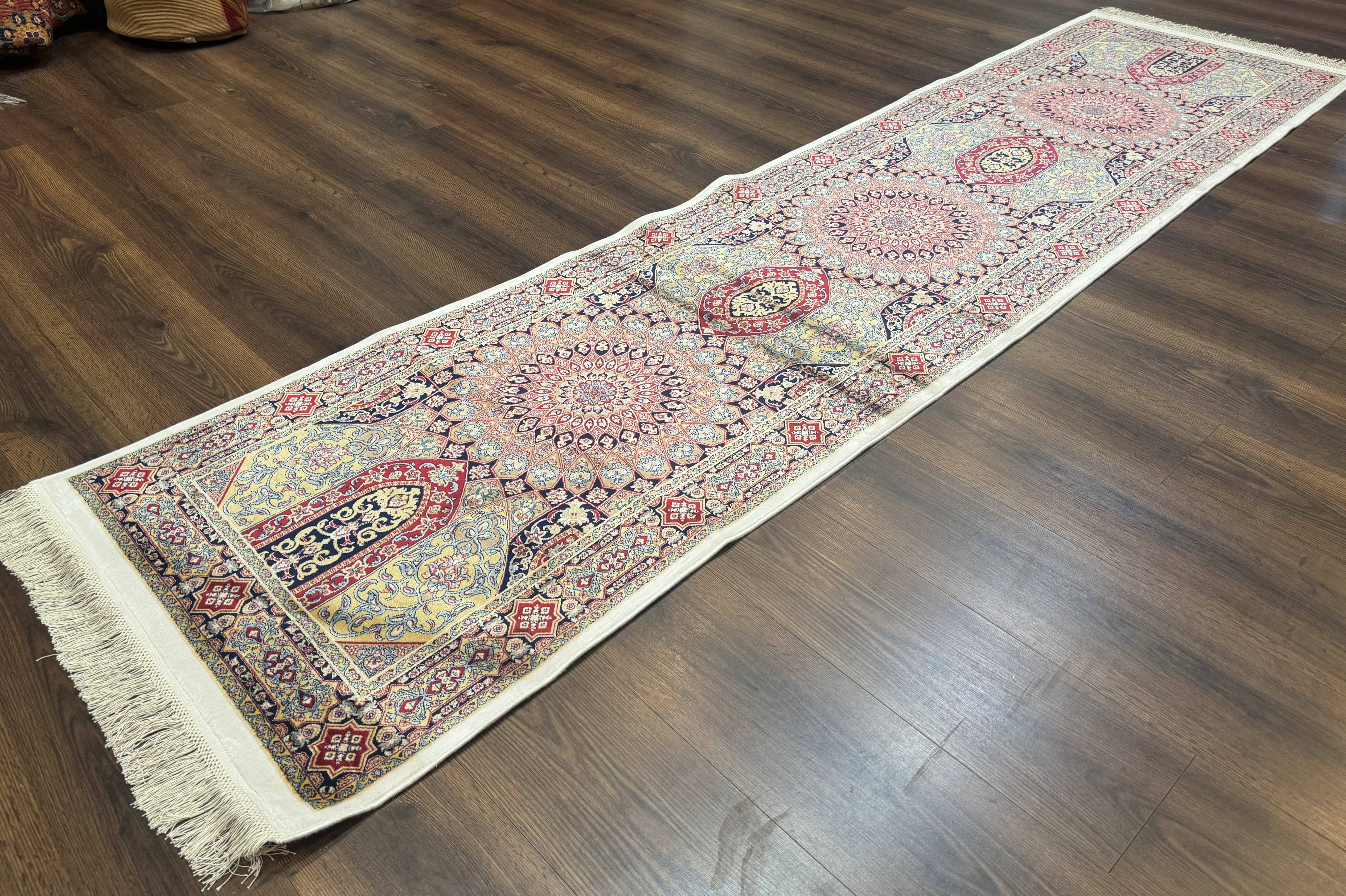 Turkish Silk Runner Rug 2.6 x 10, Dome Design, Hereke Runner, Bamboo Silk, New - Jewel Rugs