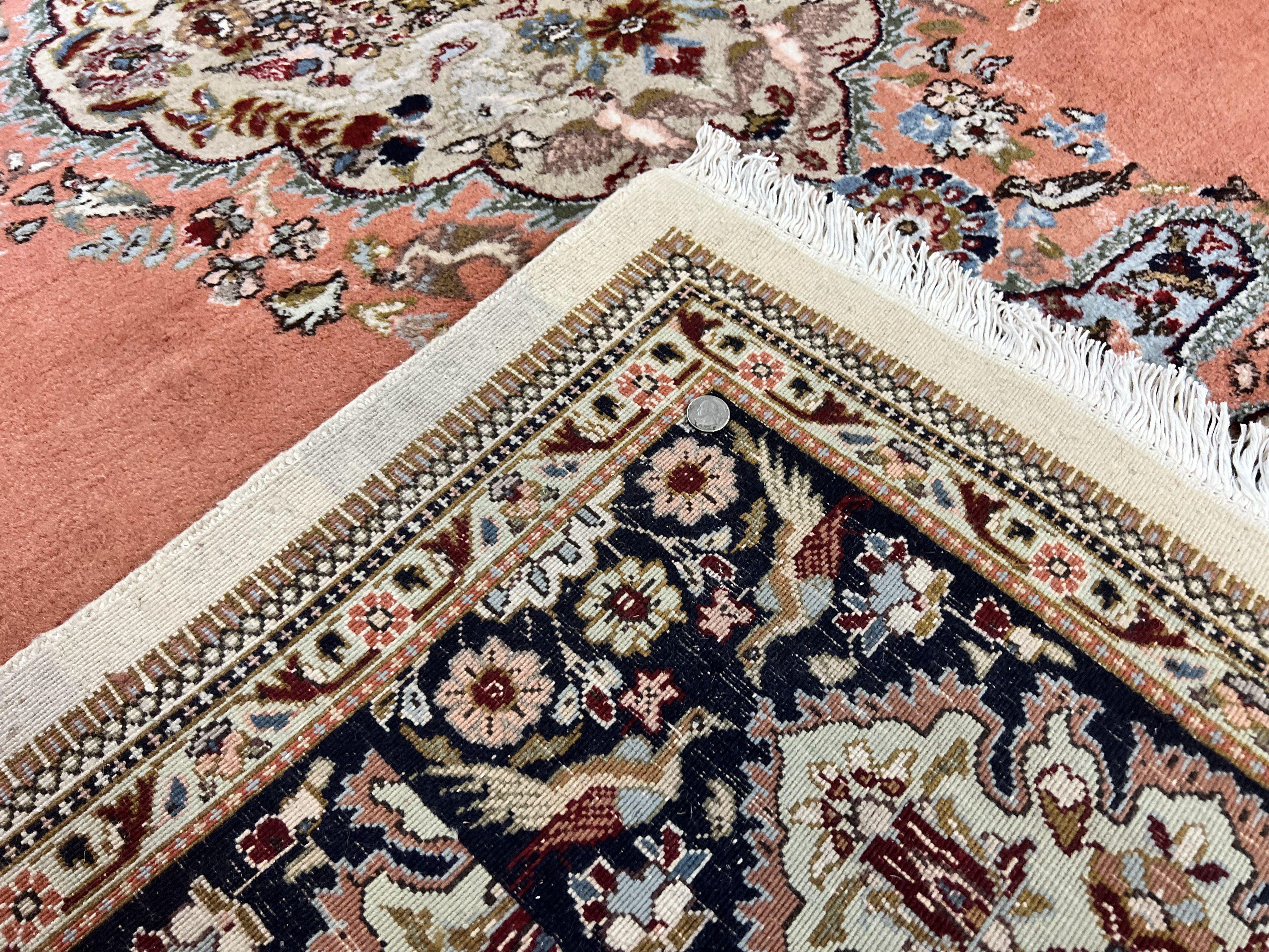 Persian Tabriz Rug 10x13, Wool Hand Knotted Vintage Carpet, Salmon Red & Ivory, Semi Open Field, Birds & Animal Motifs, Large Rug - Jewel Rugs