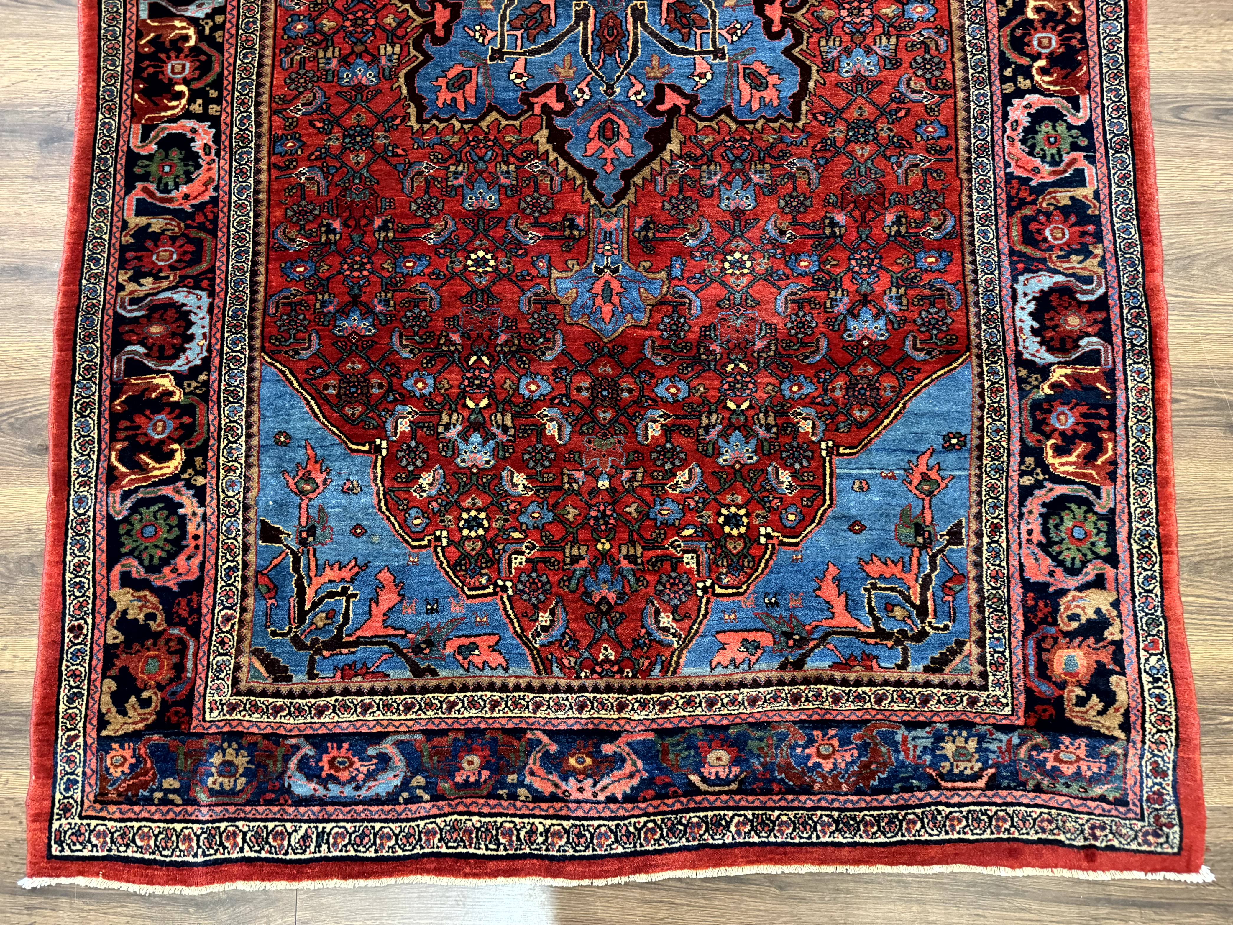 Antique Persian Bijar Rug 5x8, Red and Navy Blue, Medallion and Corner Design - Jewel Rugs