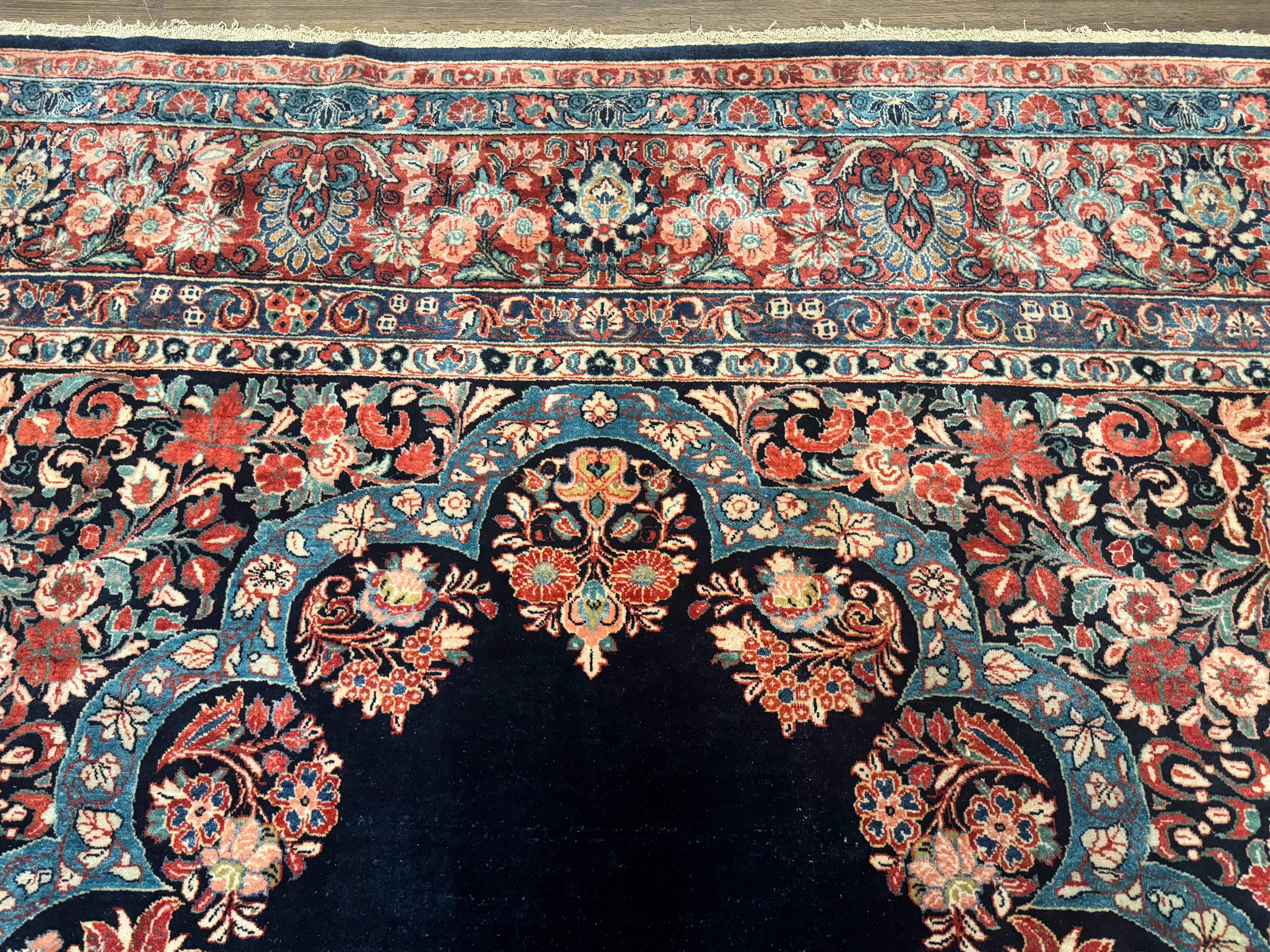 Persian Sarouk Rug 10x16 – Navy Blue and Red, Hand-Knotted Wool Antique Carpet - Jewel Rugs