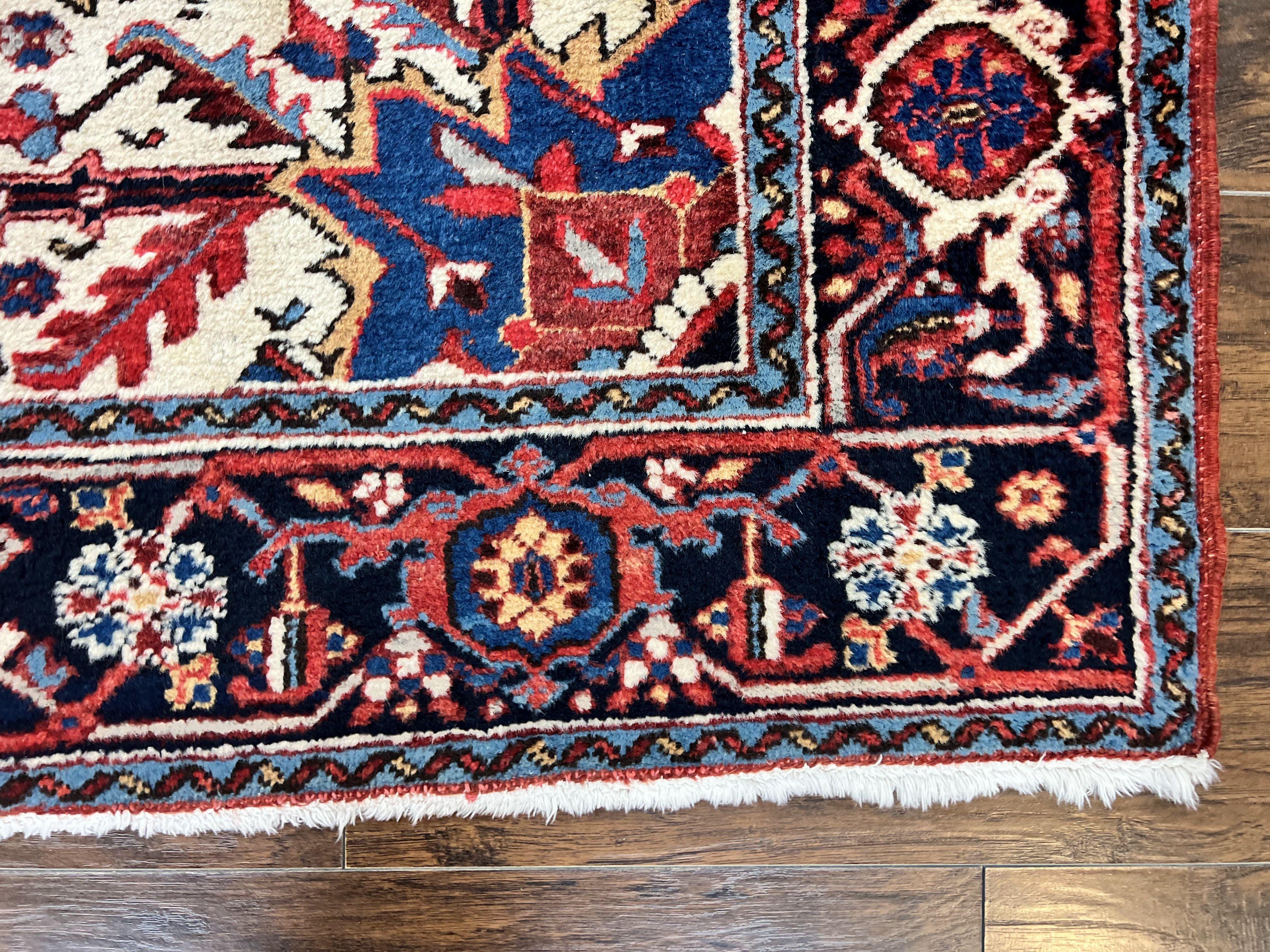 Persian Heriz Square Rug 6x6, Wool Hand Knotted Antique Carpet, Red Ivory & Navy Blue, Geometric Design Oriental Rug 6ft Square Handmade Rug - Jewel Rugs