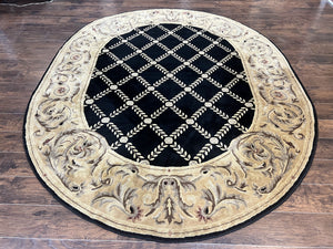 Oval Tibetan Rug 8x10, French Aubusson Design, Wool Handmade Vintage Carpet, Black & Beige, Soft Wool Pile