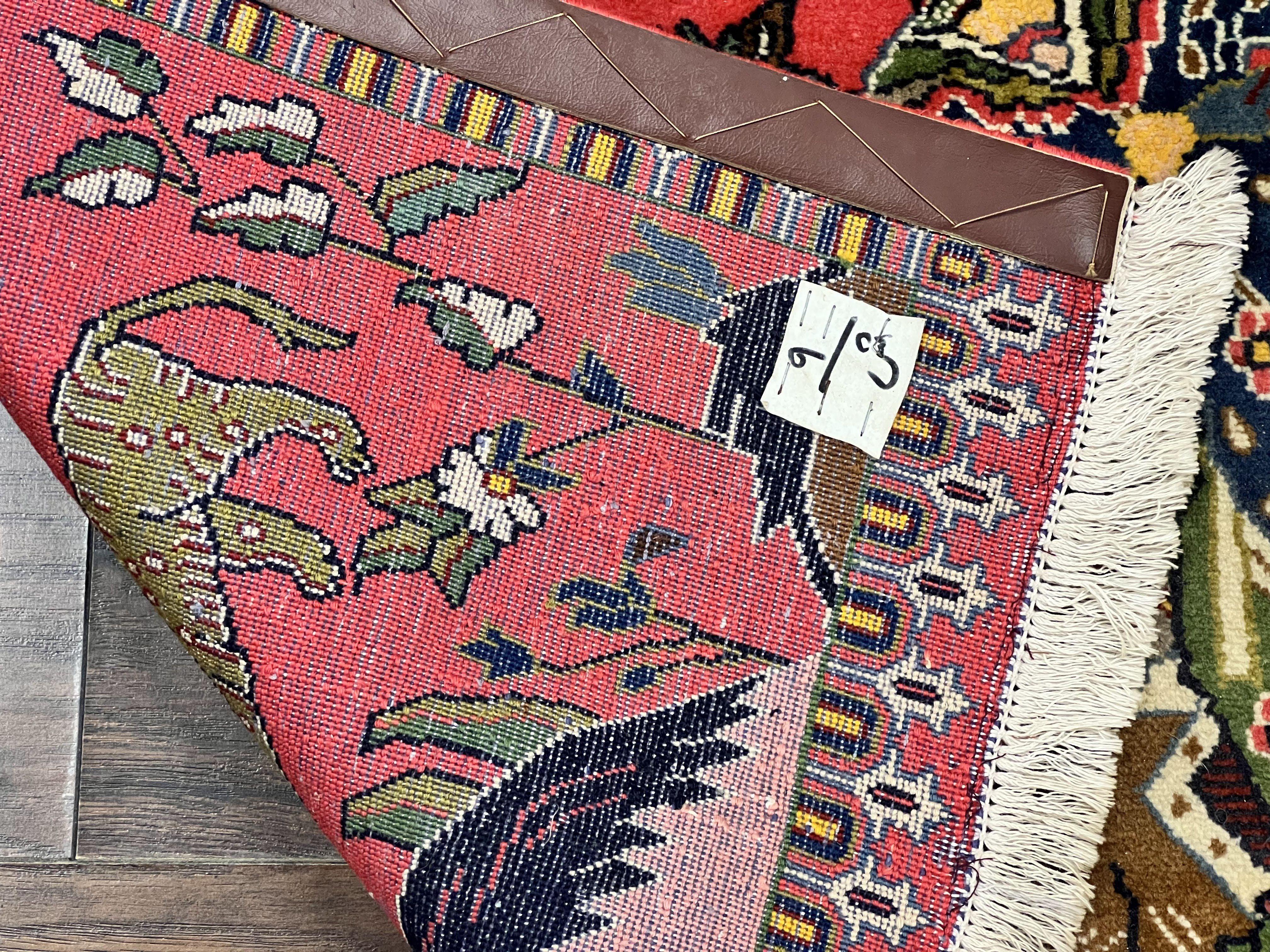 Persian Kashan Hunting Rug 4x3, Wool Hand-Knotted Vintage Carpet, Semi Antique Pictoral Rug, Red, Horsemen Lion Animal Pictorials - Jewel Rugs