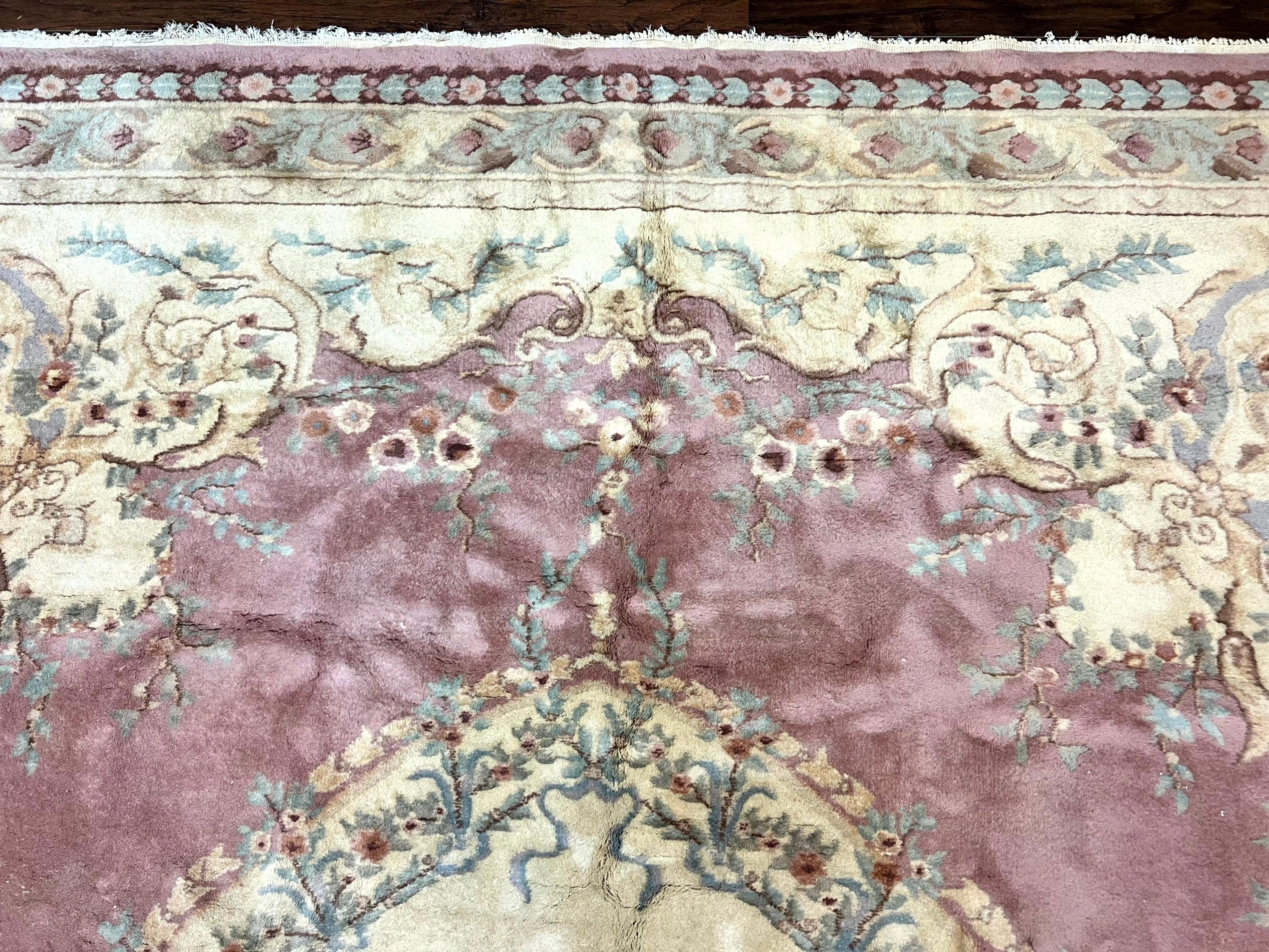 Indo Chinese Aubusson Wool Rug 10x14, Pink and Cream, Handmade Vintage Wool Carpet, Elegant European Design - Jewel Rugs