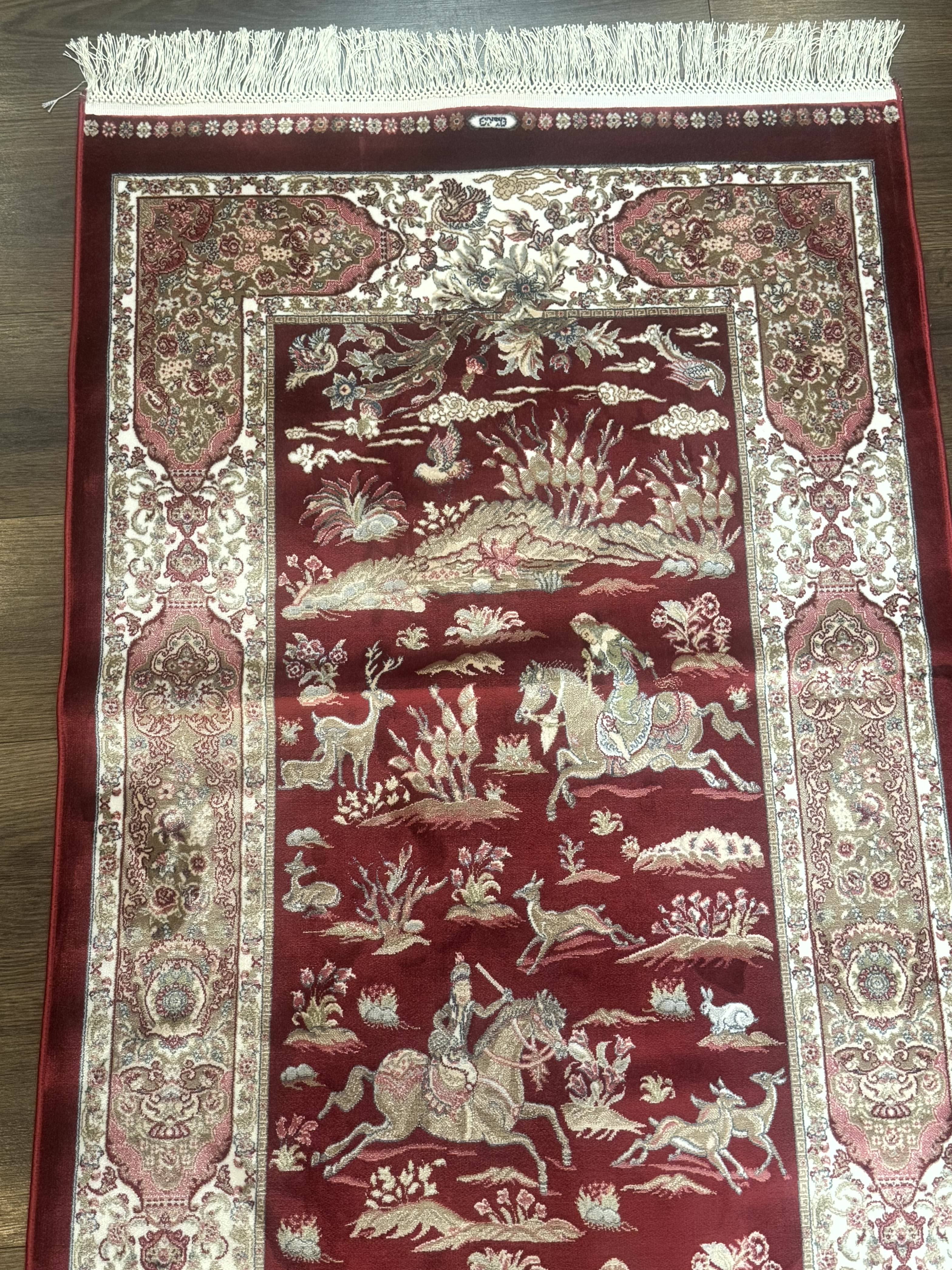 Turkish Silk Rug 2.6 x 6.7, Hunting Design, Short Runner Rug, Red & Ivory, Bamboo Silk, New - Jewel Rugs