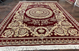 Aubusson Rug 9x12, Wool Handmade Carpet, Elegant French European Design, Dark Maroon Red, 9 x 12 Room Sized Rug, Finely Hand Knotted
