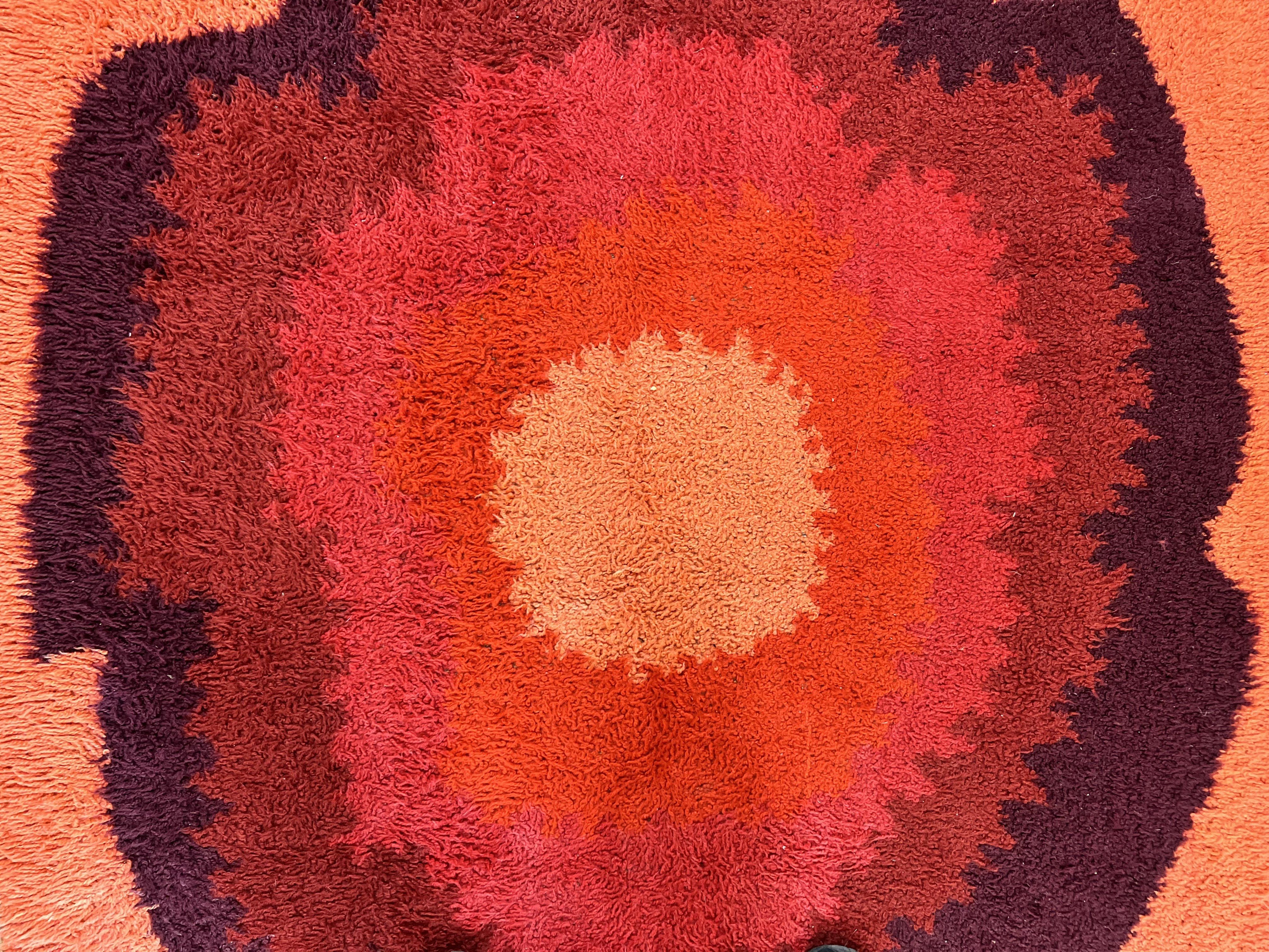 Danish Rya Shag Rug 4x6, Mid Century 1960s Retro Vintage Wool Rug, Shades of Red - Jewel Rugs