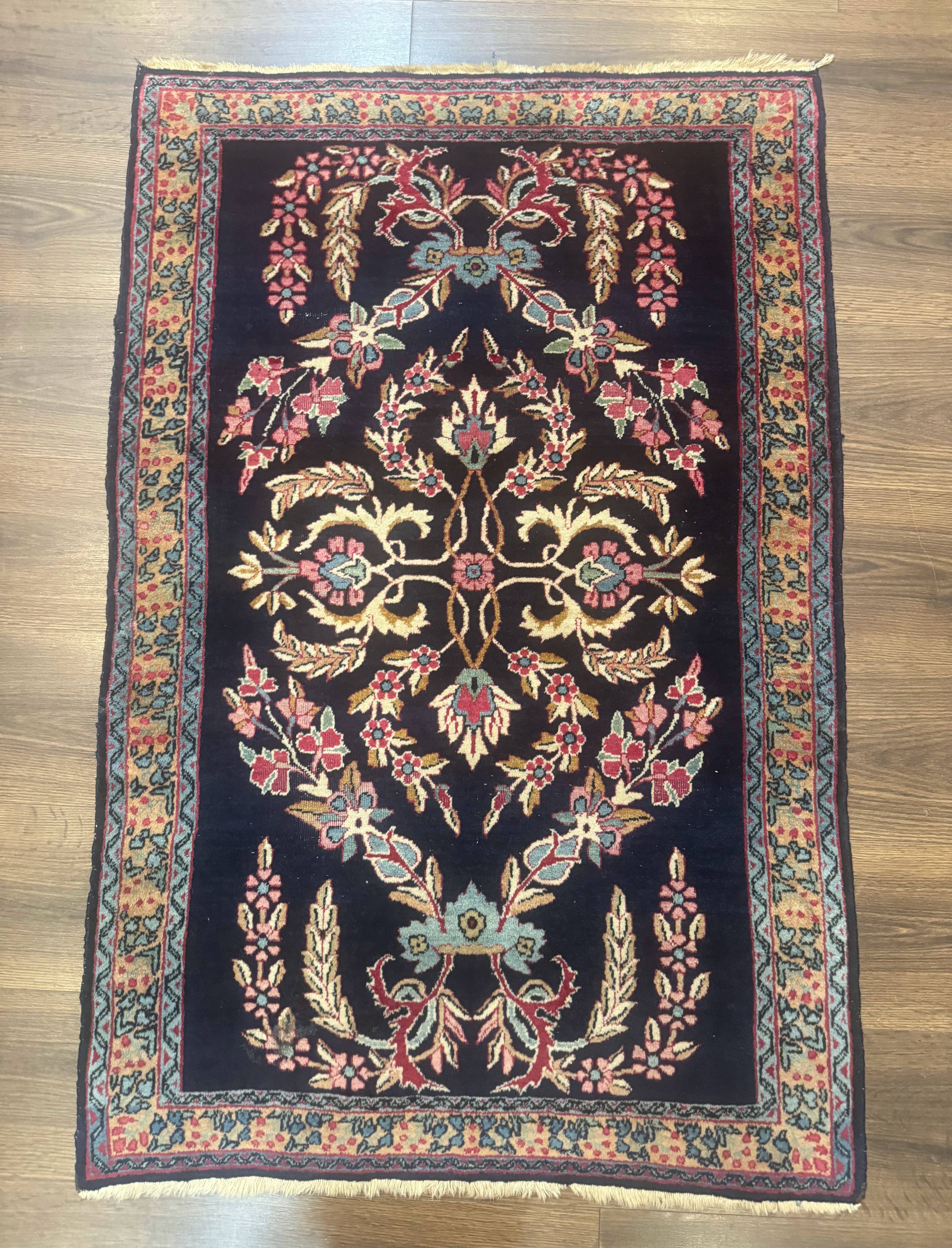 Antique Persian Kerman Rug 2.8 x 4, Navy Blue, Floral - Jewel Rugs