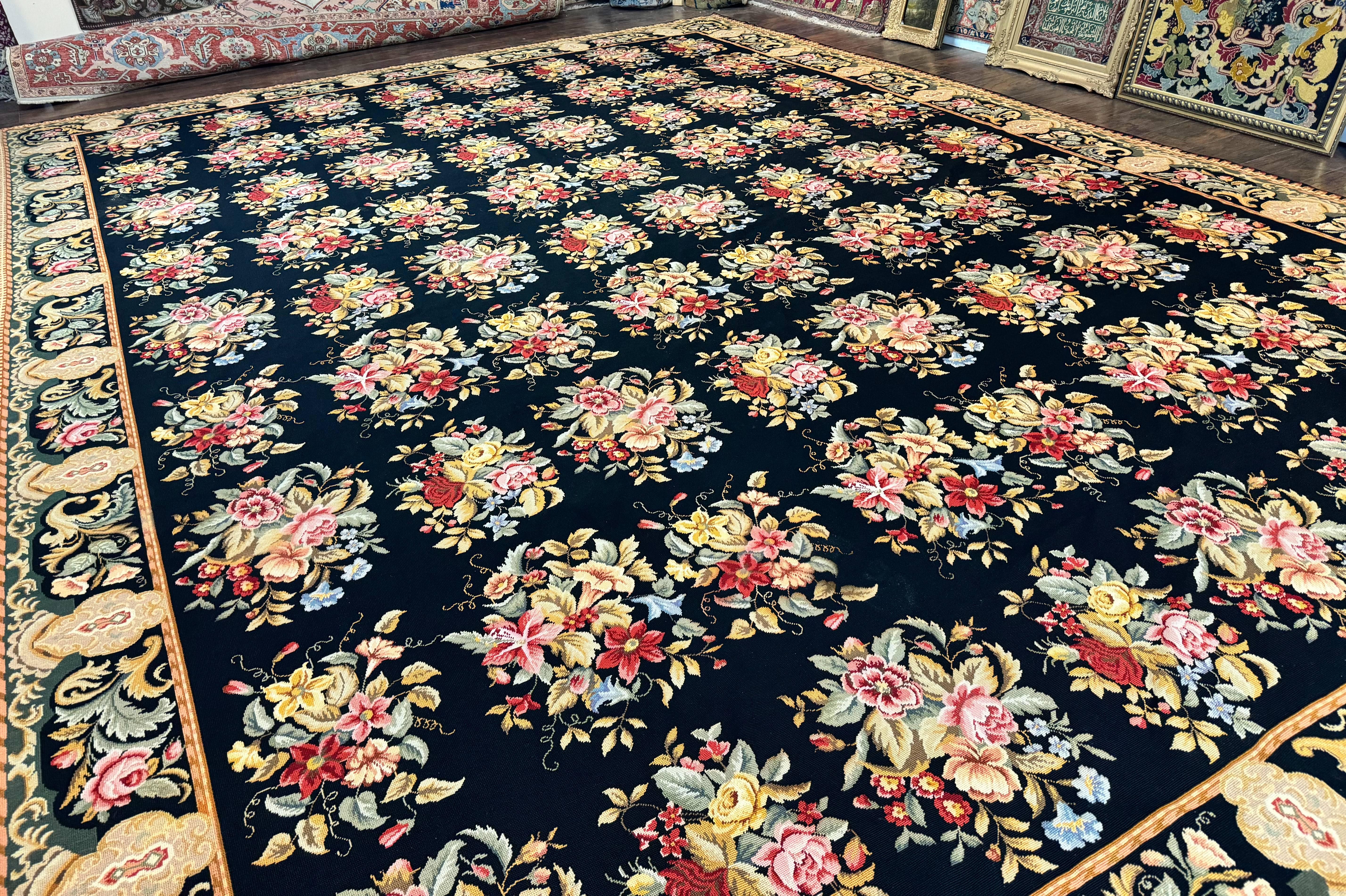 Palace Size Needlepoint Rug 12x16, Black and Colorful, Floral Panel, Handmade Oversized Wool Needlepoint Carpet, Rare - Jewel Rugs