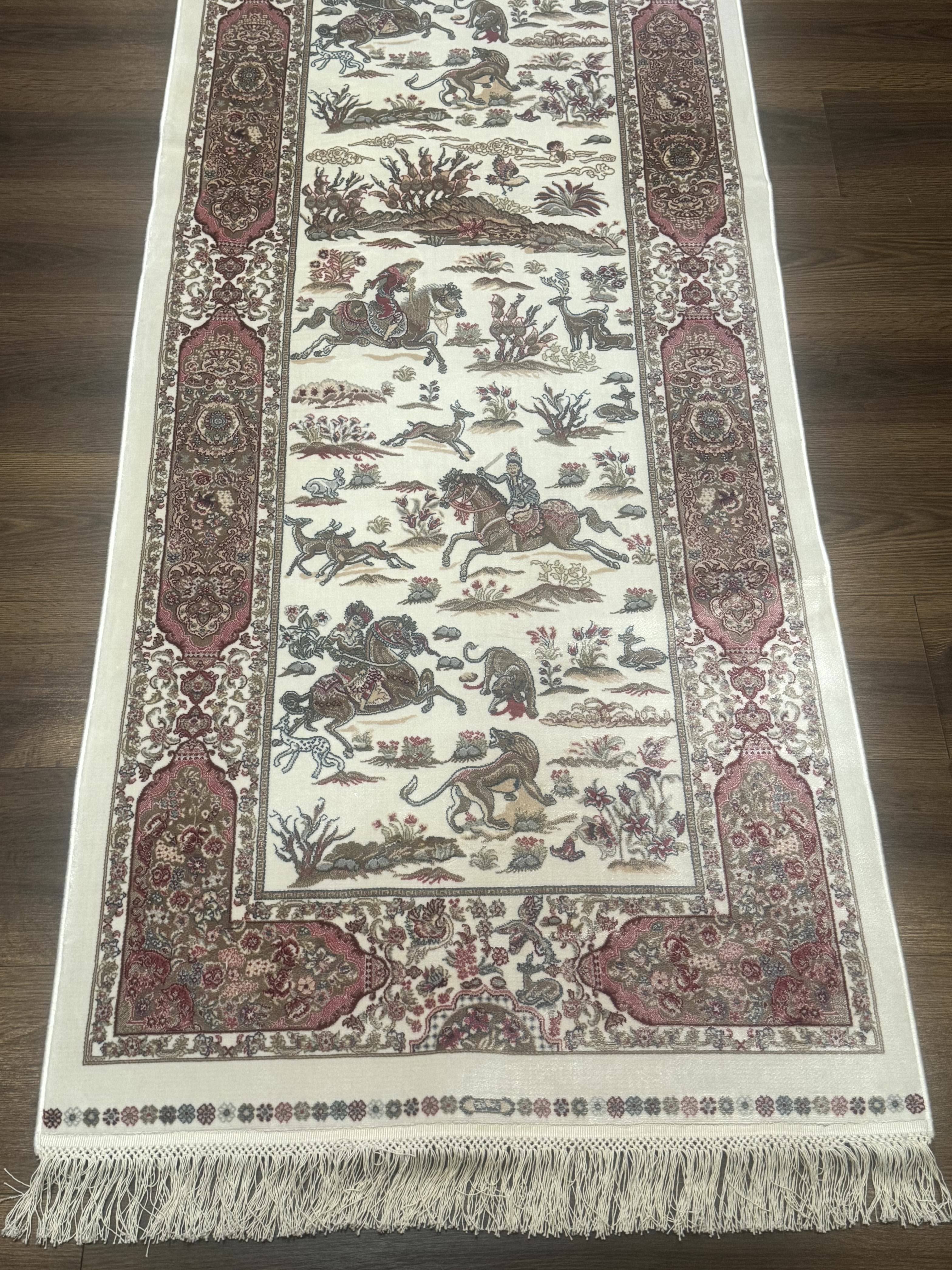 Turkish Silk Runner Rug 2.6 x 8, Hunting Design, Ivory, Bamboo Silk, New - Jewel Rugs