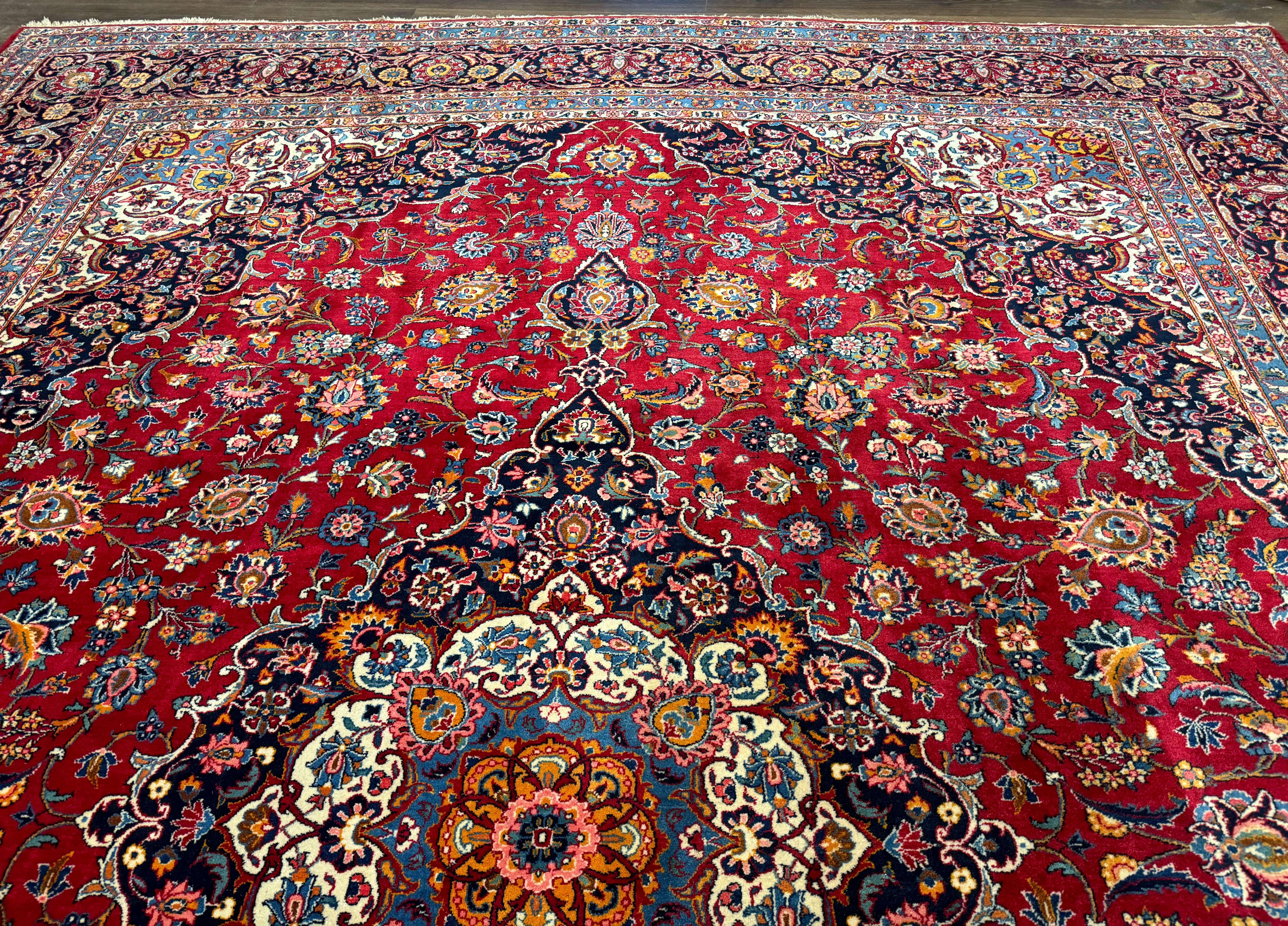 Large Persian Kashan Rug 11x14, Traditional Persian Carpet, Wool, Fine 250 KPSI, Red Navy Blue - Jewel Rugs