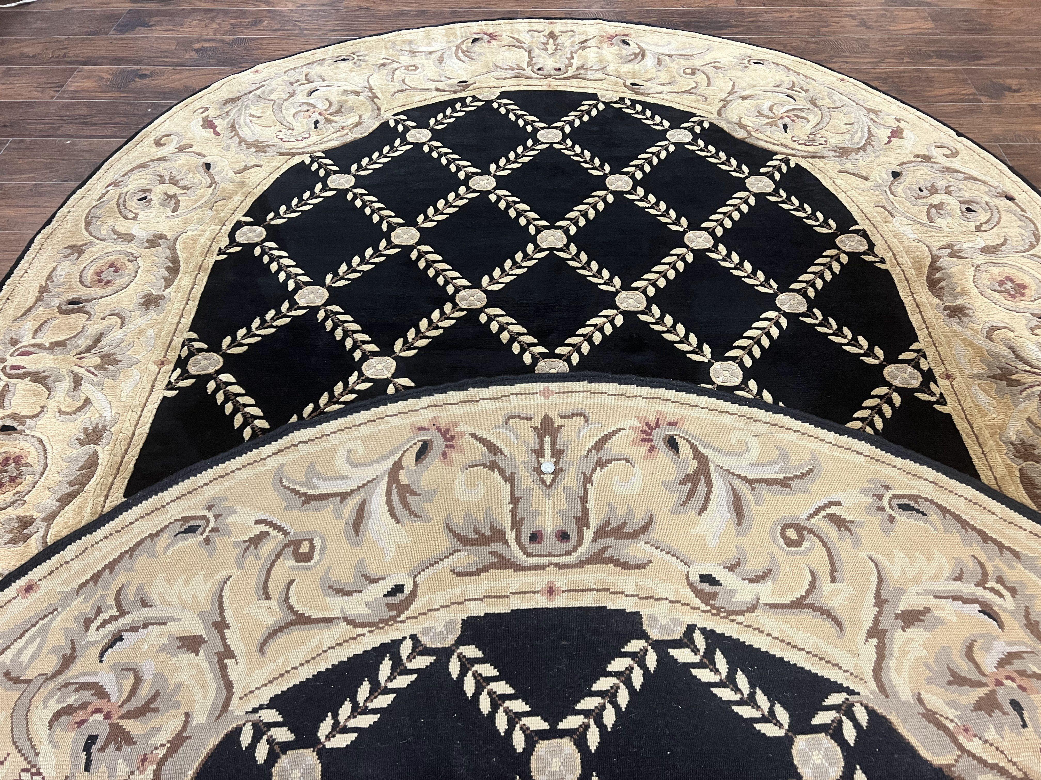 Oval Tibetan Rug 8x10, French Aubusson Design, Wool Handmade Vintage Carpet, Black & Beige, Soft Wool Pile - Jewel Rugs