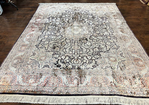 Silk Indian Kashmiri Rug 8x9, Floral Medallion, Indo Persian Carpet, Handmade Vintage Silk Rug