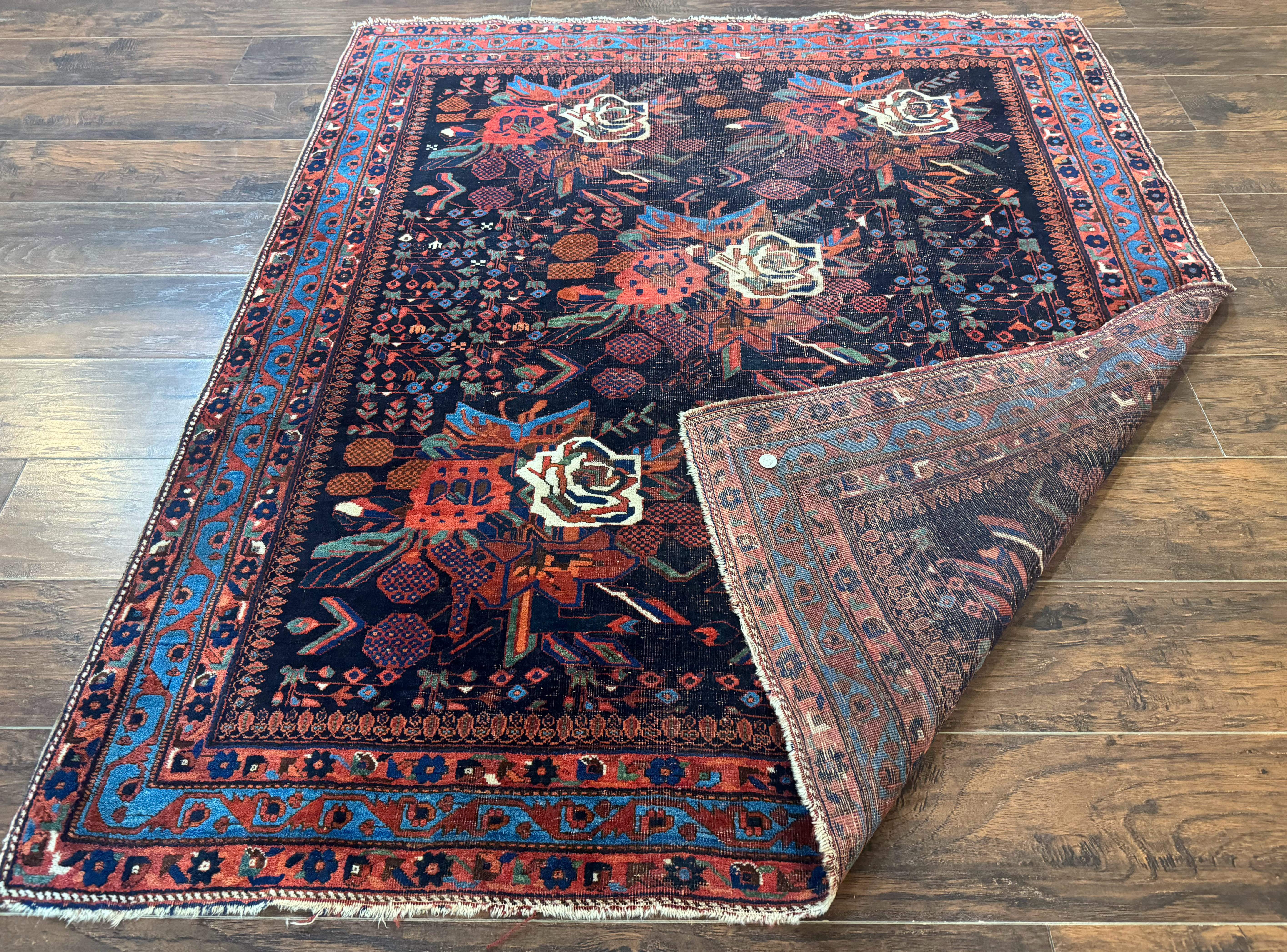Persian Afshar Tribal Rug 5x6 – Navy and Red, Hand-Knotted Wool, Antique Carpet, Floral - Jewel Rugs