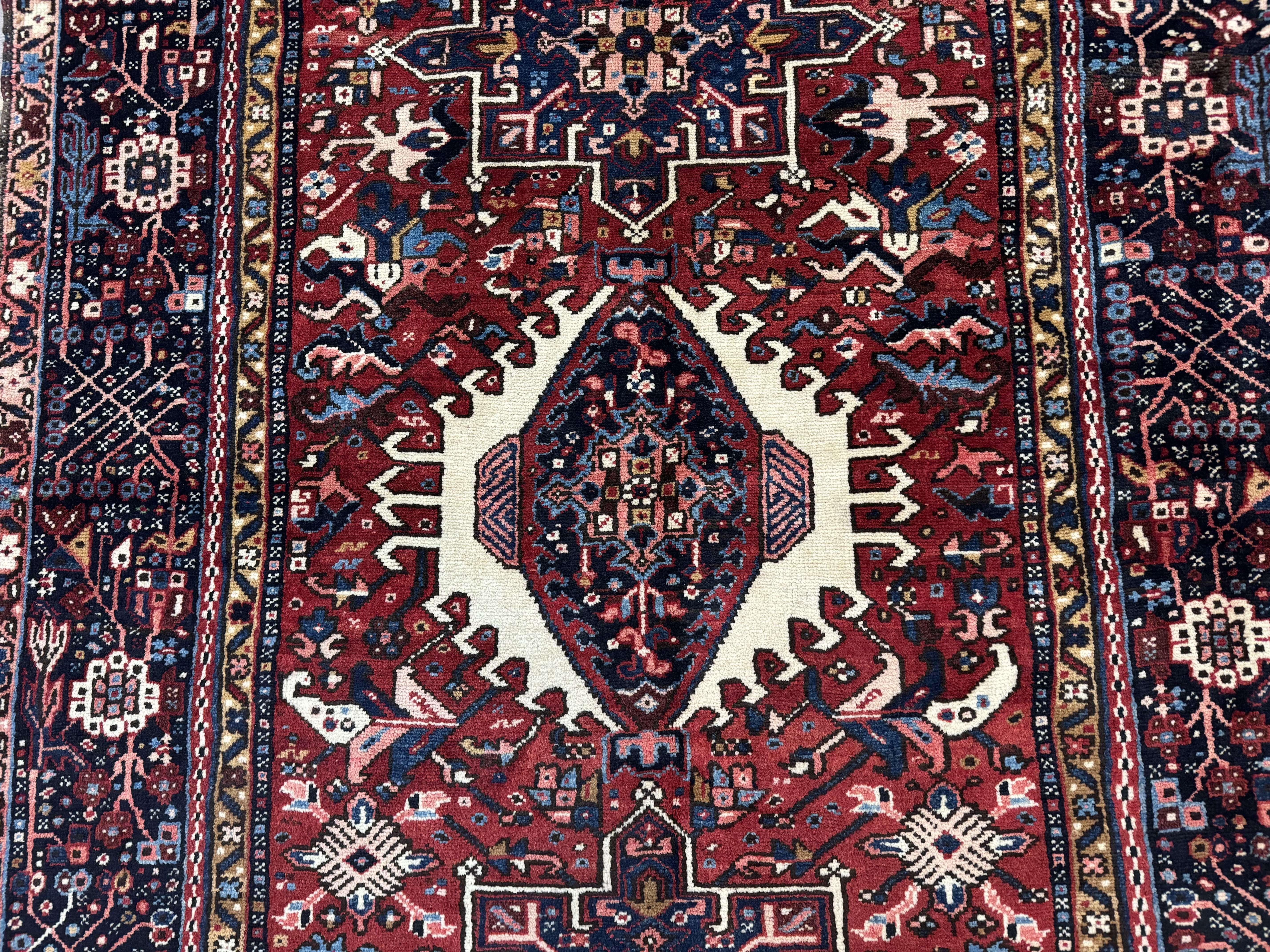 Persian Karajeh Rug 5x6, Antique Heriz Carpet, Geometric, Persian Tribal Rug, Brick Red Navy Blue - Jewel Rugs