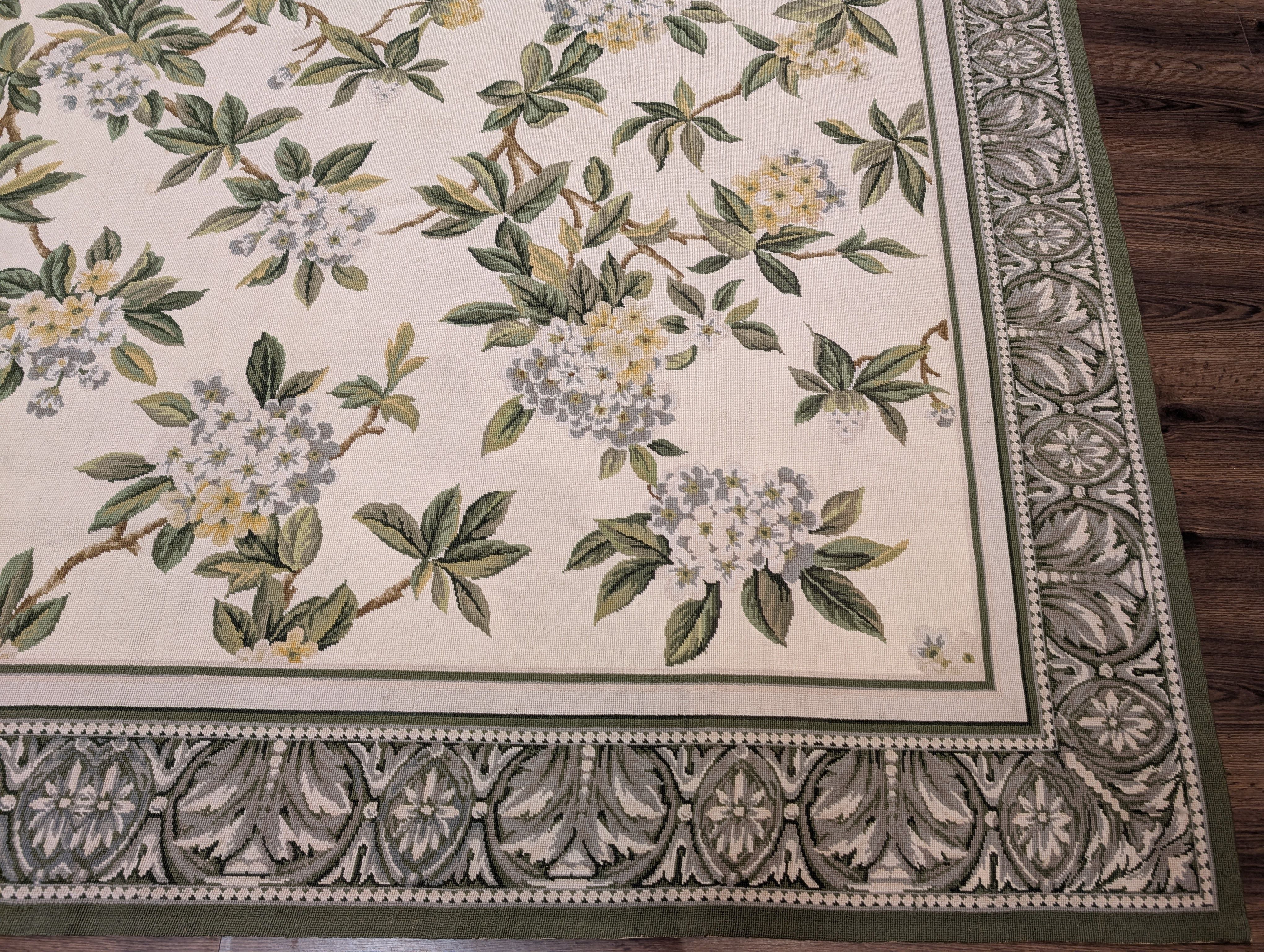 Needlepoint Rug 9x12, Floral, Ivory and Green, Wool - Jewel Rugs