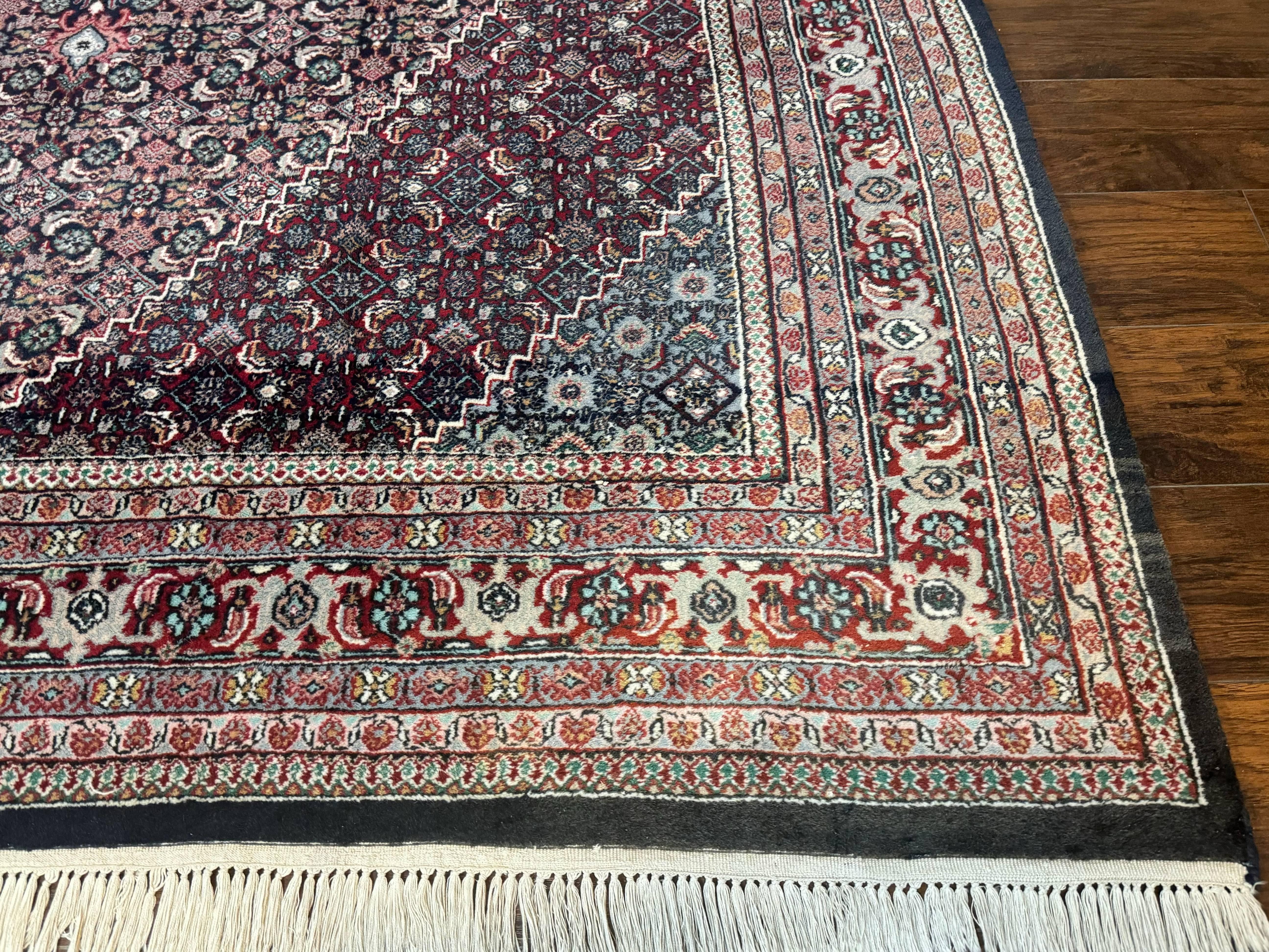 Indo Persian Bidjar Rug 8x11, Herati Mahi Pattern, Red Navy Blue, Handmade Vintage Wool Carpet - Jewel Rugs