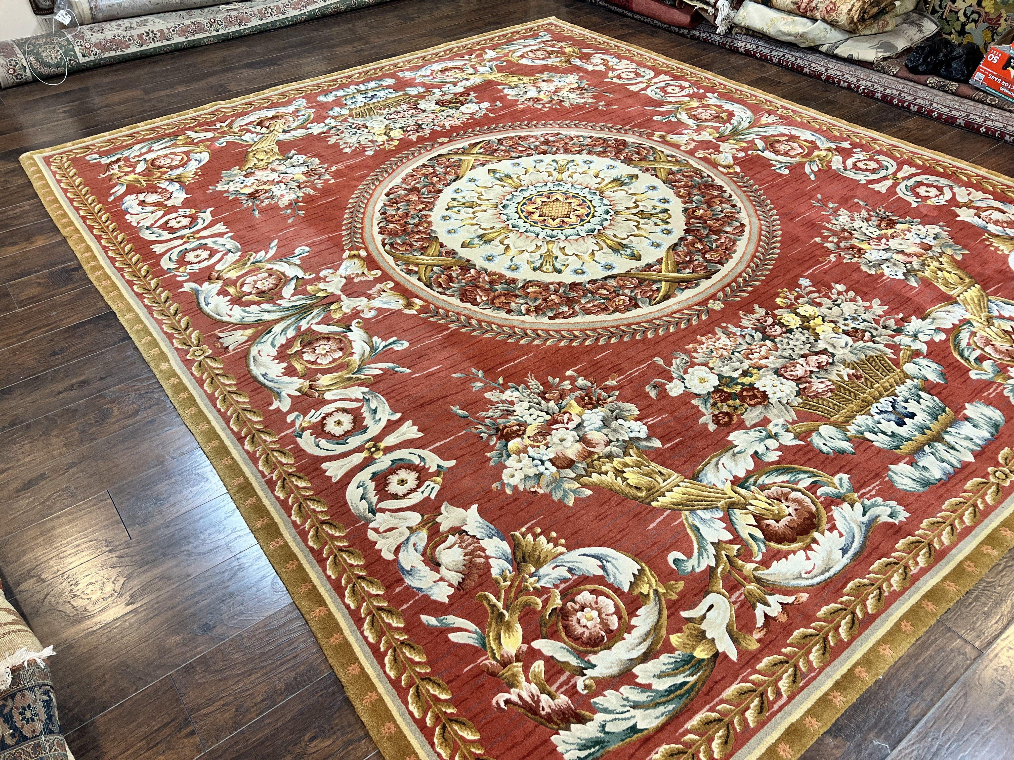 Aubusson Rug 10x12, Large Handmade Aubusson Wool Pile Vintage Stark Carpet 10 x 12, Savonnerie French European Design Floral Bouquets, Red - Jewel Rugs