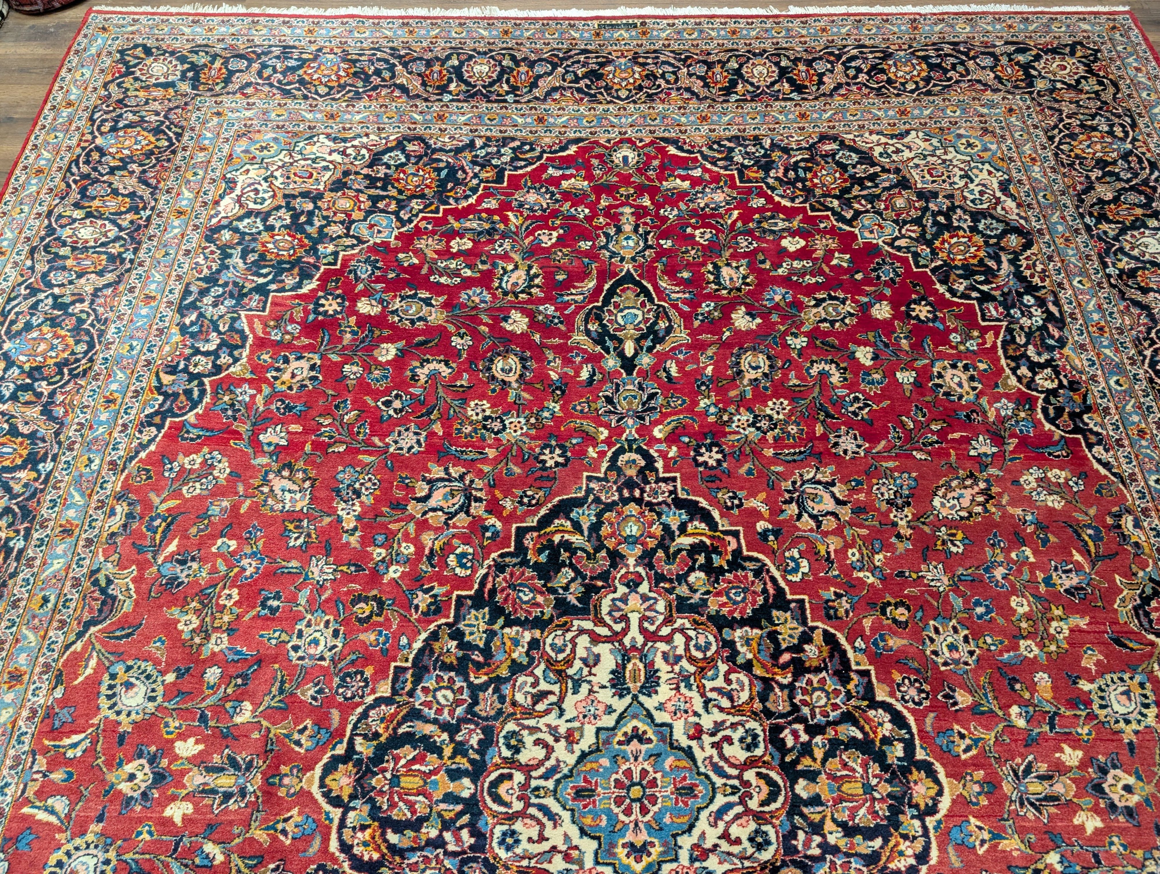 Persian Kashan Rug 10x14, Red and Navy, Hand Knotted Wool Traditional Persian Carpet, Signed By Master Weaver - Jewel Rugs