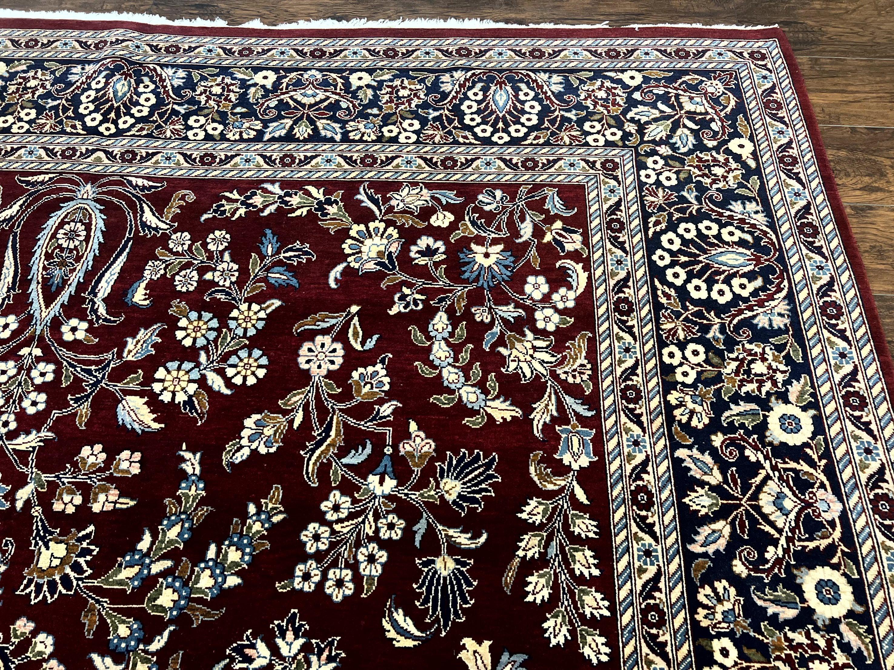 Indo Persian Sarouk Rug 9x12, Floral Allover, Dark Red & Navy Blue, Handmade Vintage Wool Carpet - Jewel Rugs
