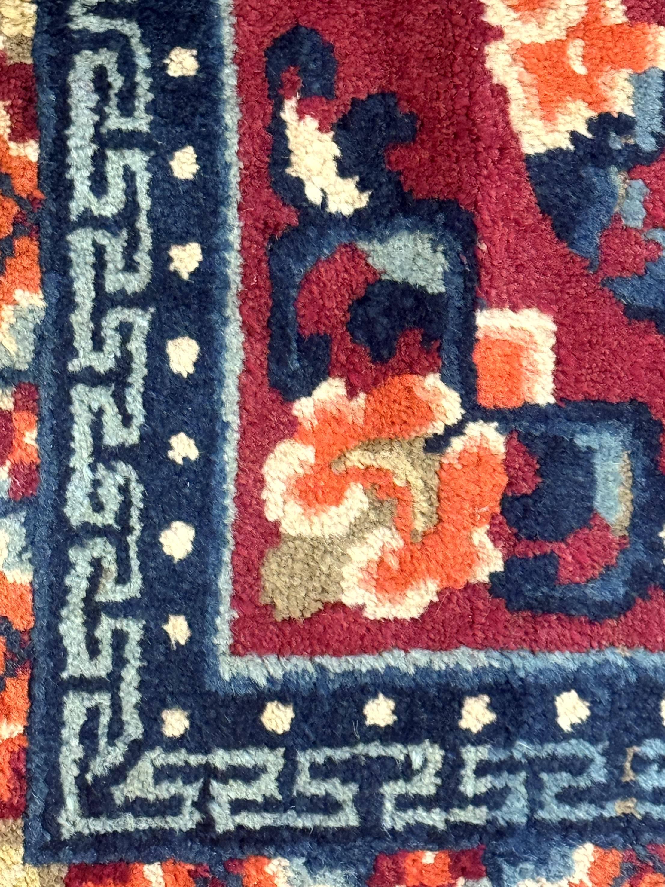 Small Antique Chinese Square Rug 2x3, Tibetan Rug, Red Orange Blue, 1920s Rug - Jewel Rugs