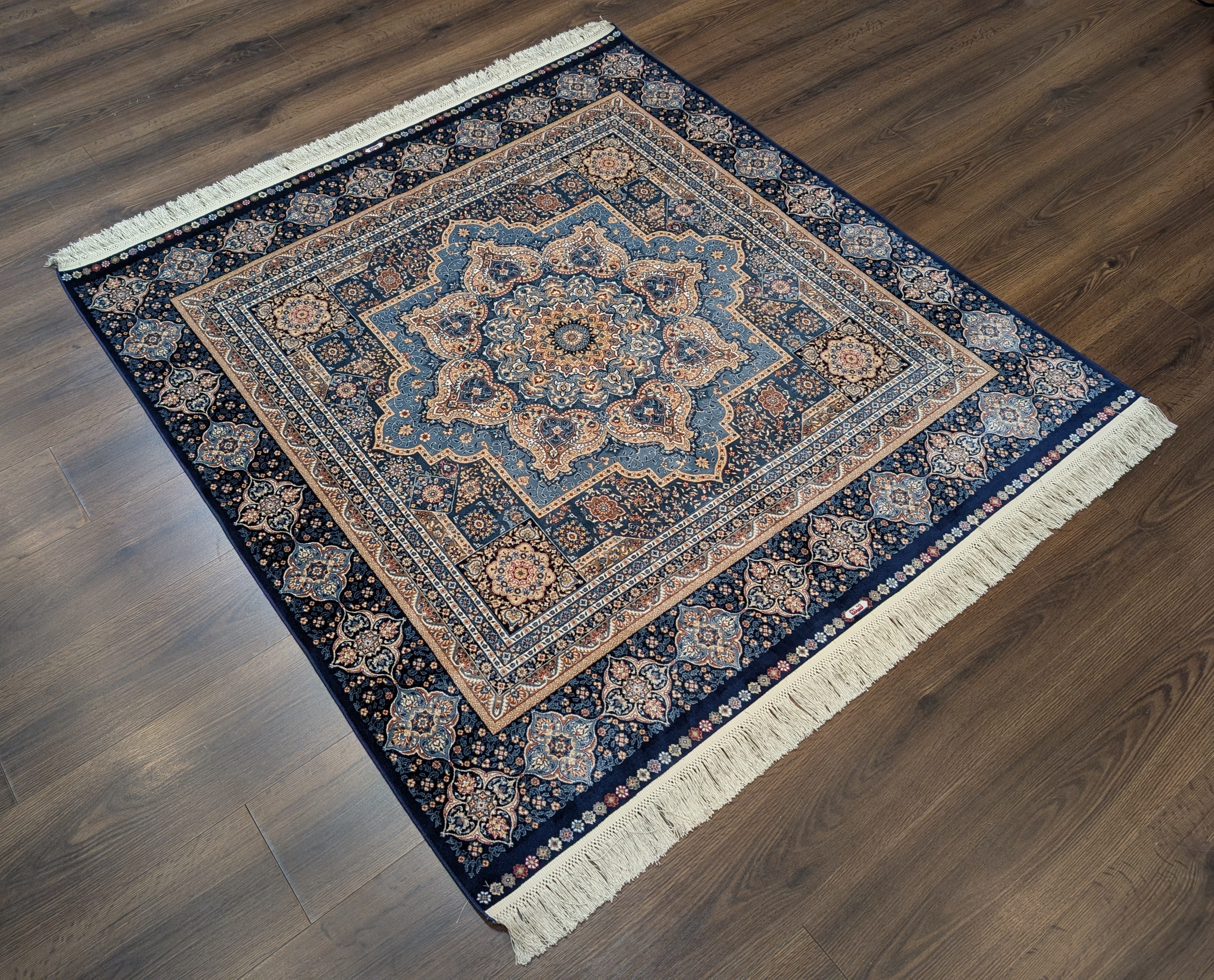 Square Silk Rug 5x5, Turkish Mamluk Silk Carpet, Blue, New, Bamboo Silk - Jewel Rugs